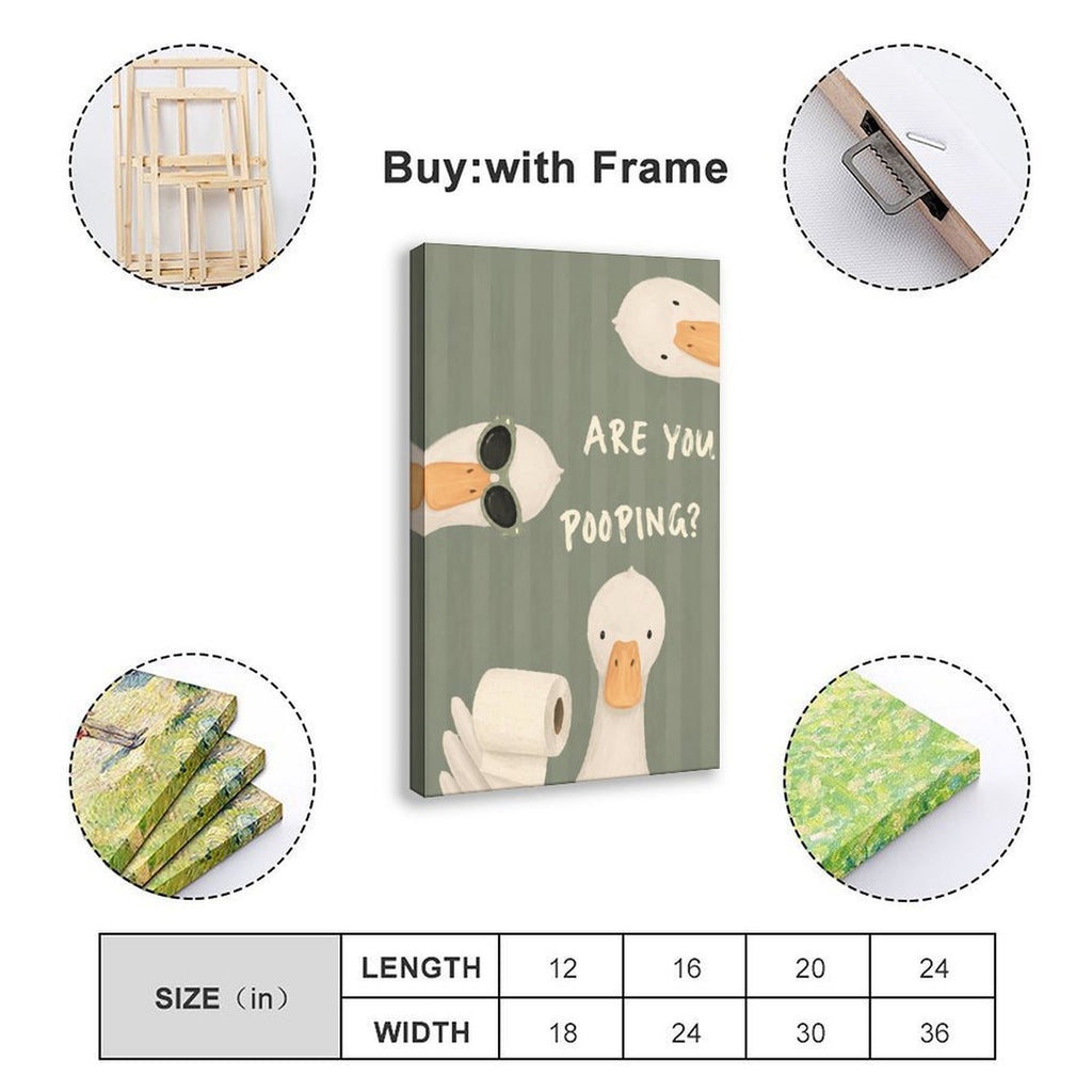 three white ducks surrounding bathroom humor typography in sage green, white, orange tones — Wrapped Canvas SIZE_GUIDE