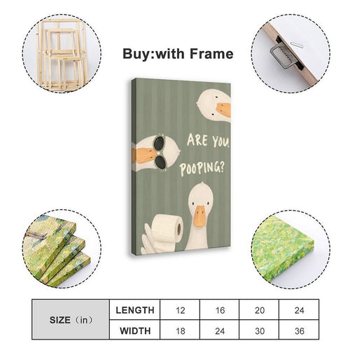 three white ducks surrounding bathroom humor typography in sage green, white, orange tones — Wrapped Canvas SIZE_GUIDE