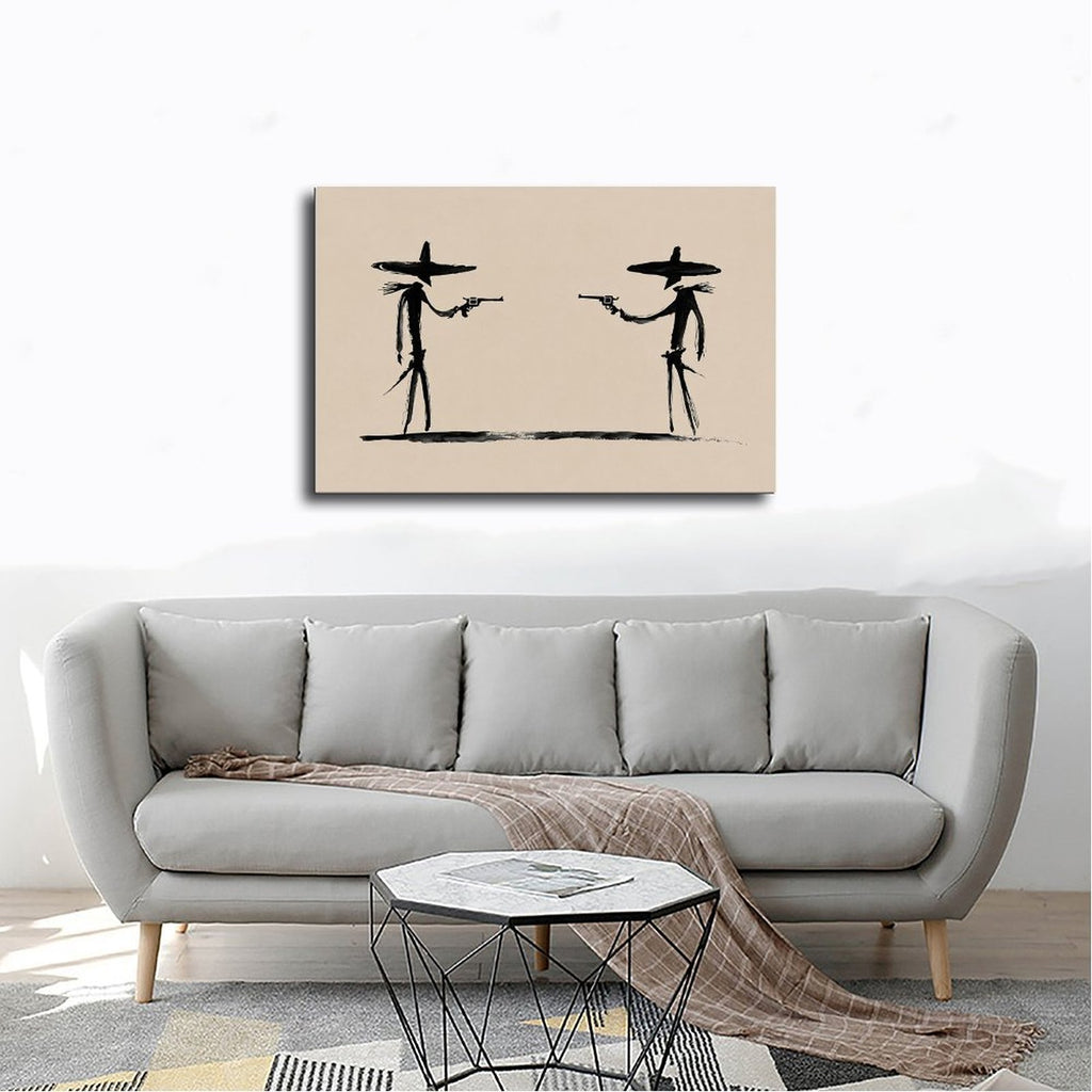 two stylized cowboys facing each other with revolvers in black, warm cream tones — Wrapped Canvas SCENE_02