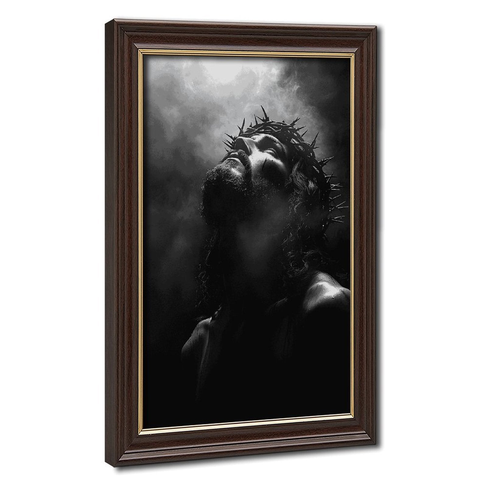solemn man wearing a crown of thorns in prayer in religious portrait art style — Wood Grain Gold Frame HERO