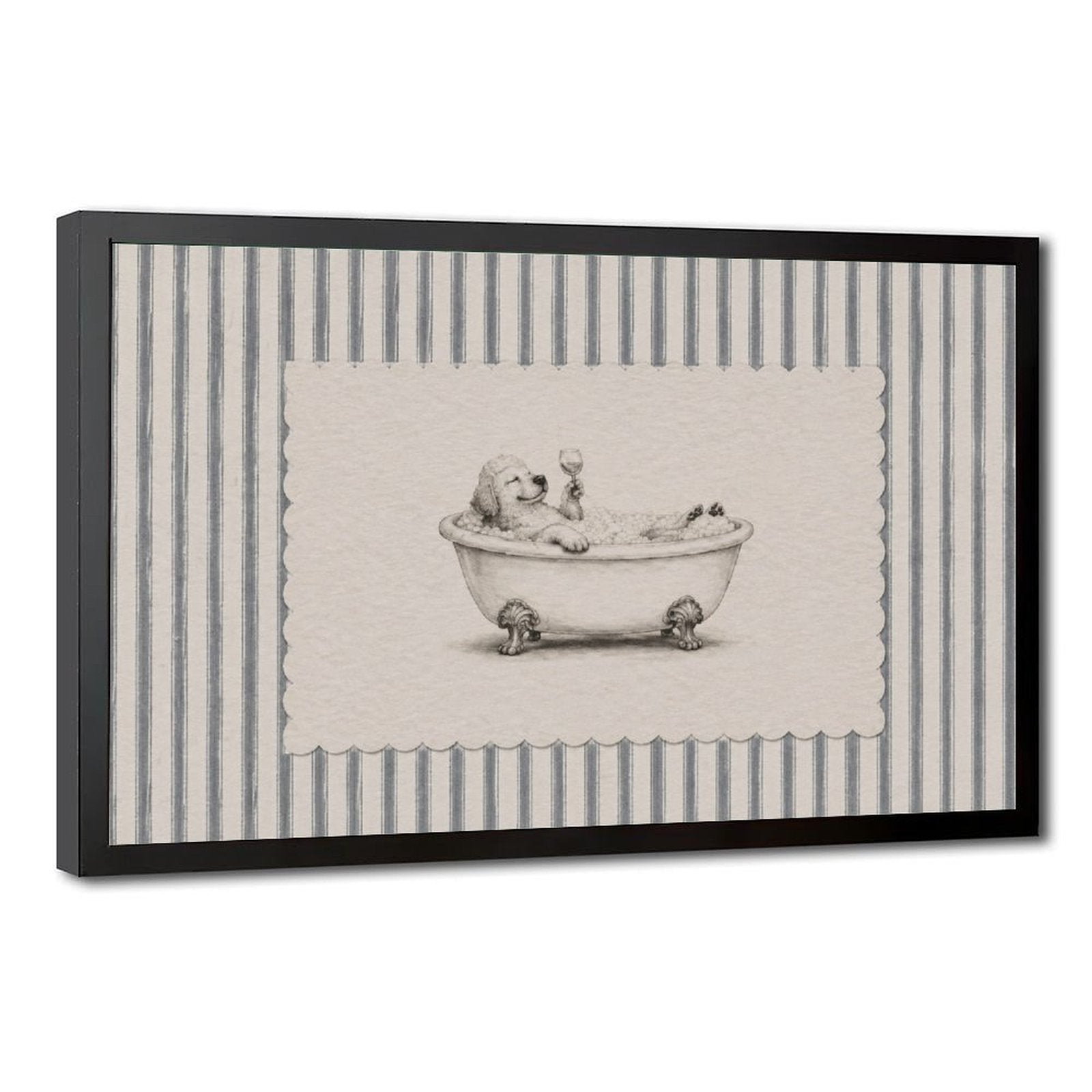 small dog sitting in a clawfoot bathtub in brown, cream, gray tones — Black Frame HERO