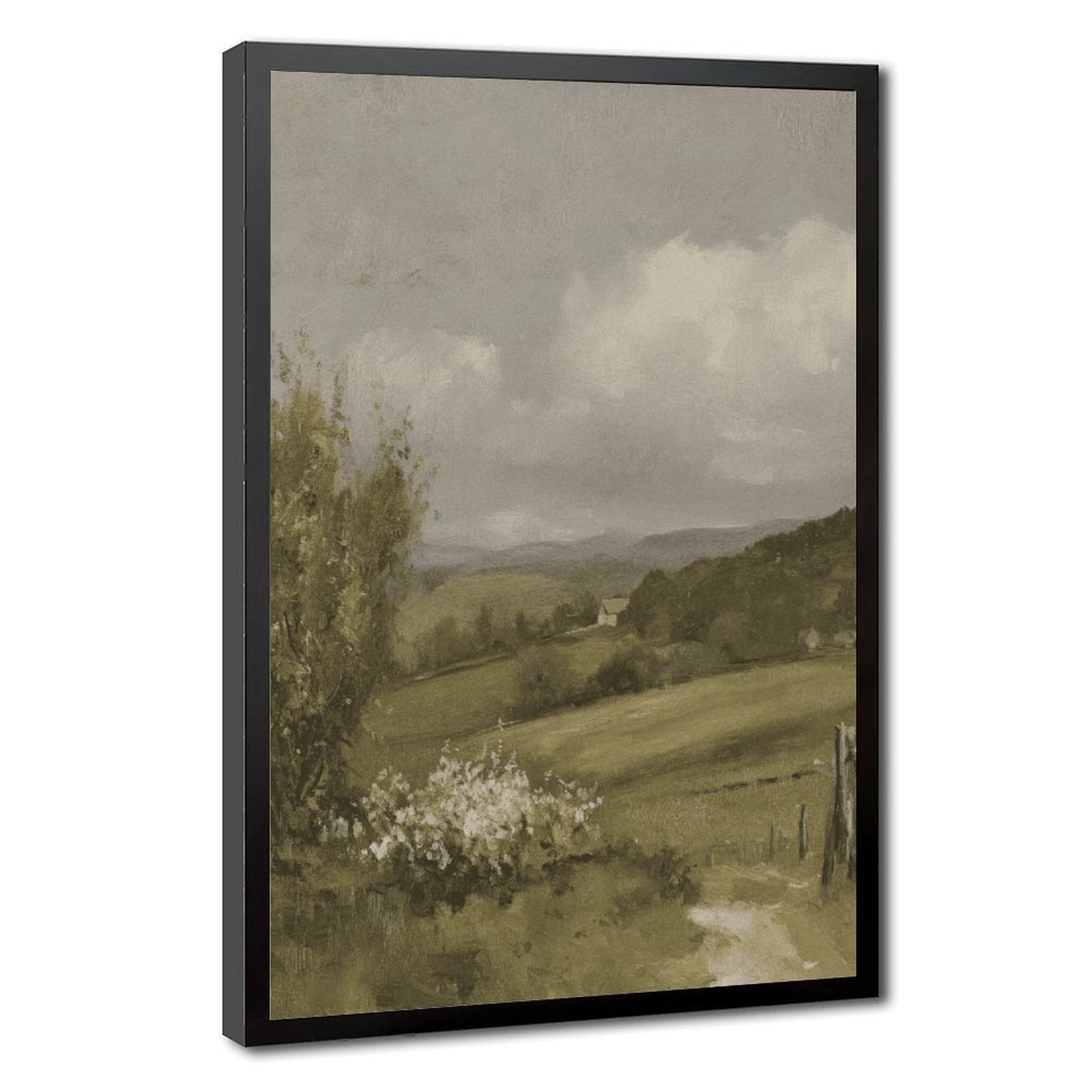 misty countryside valley with a small house and winding path in landscape painting style — Black Frame HERO