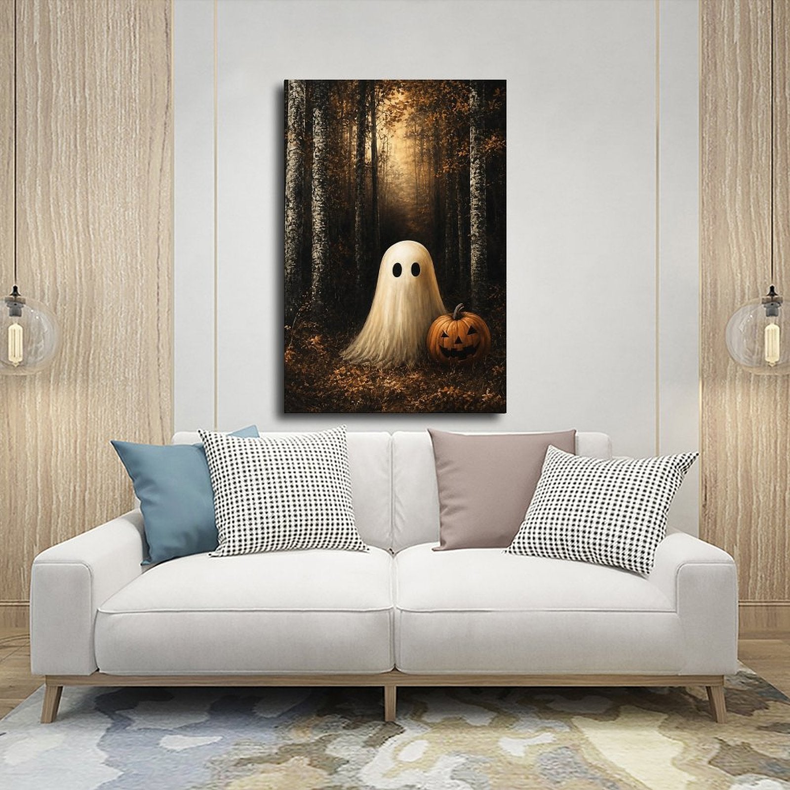 sheet ghost beside a carved pumpkin in an autumn forest in black, amber, cream tones — Wrapped Canvas SCENE_03