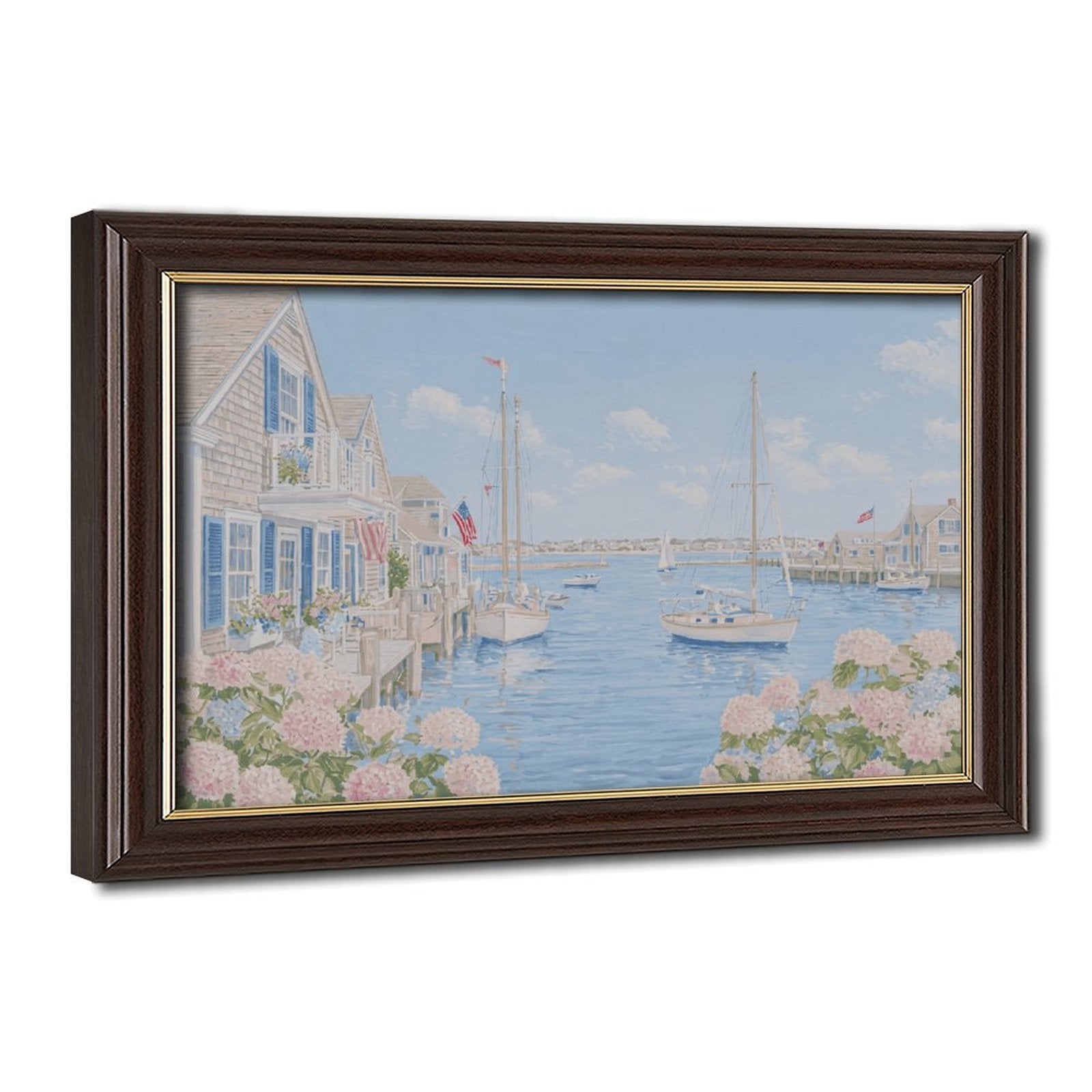 pastel coastal harbor village with boats in coastal landscape painting style — Wood Grain Gold Frame HERO