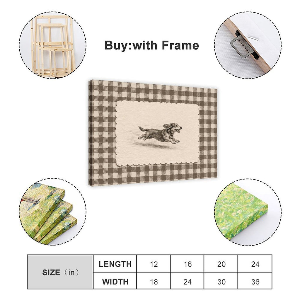 running dachshund in a vintage sketch panel in black, cream, taupe tones — Wrapped Canvas SIZE_GUIDE