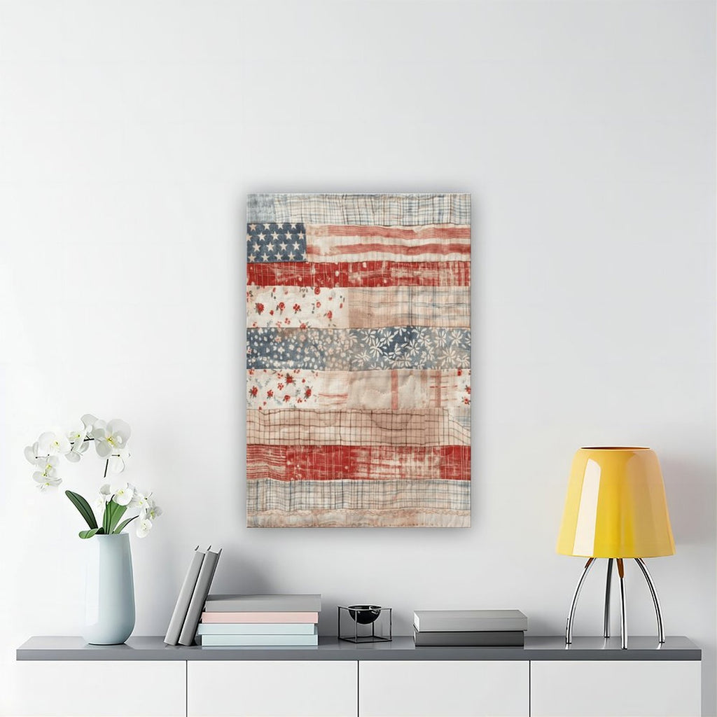 patchwork American flag in folk art style — Wrapped Canvas SCENE_04