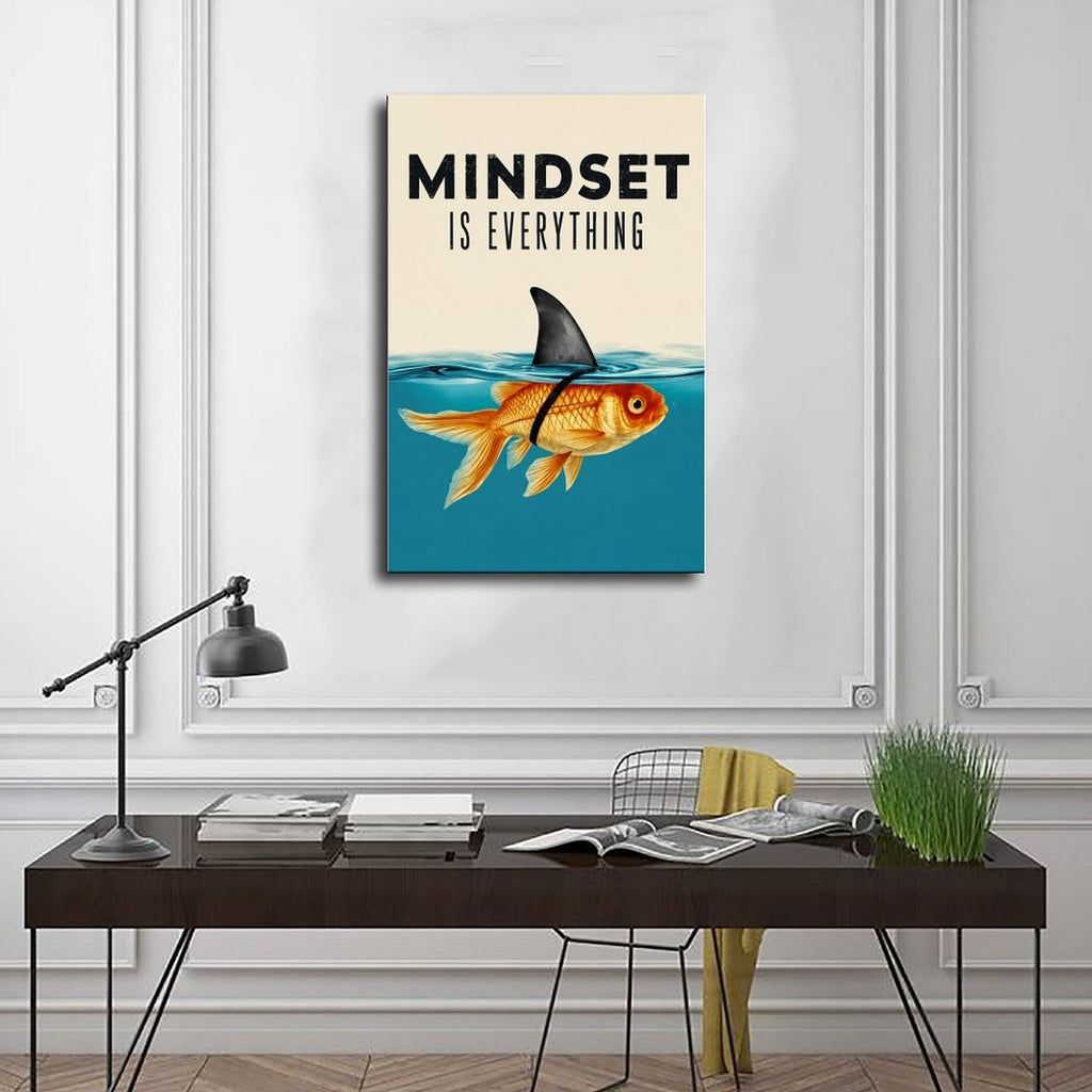 goldfish wearing a shark-fin disguise beneath motivational typography in teal blue, gold orange, cream tones — Wrapped Canvas SCENE_01