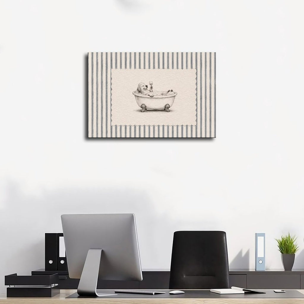 small dog sitting in a clawfoot bathtub in brown, cream, gray tones — Wrapped Canvas SCENE_01