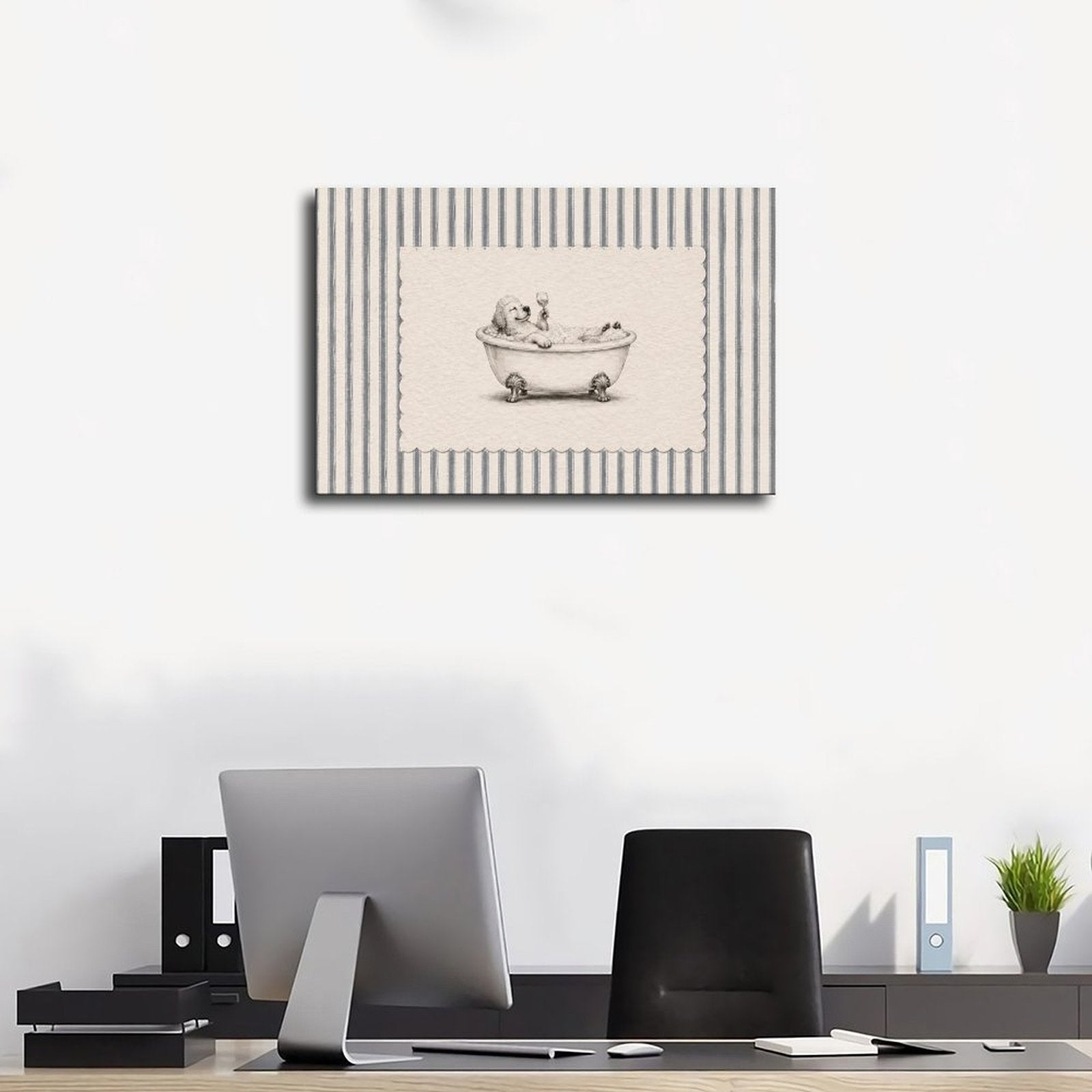 small dog sitting in a clawfoot bathtub in brown, cream, gray tones — Wrapped Canvas SCENE_01