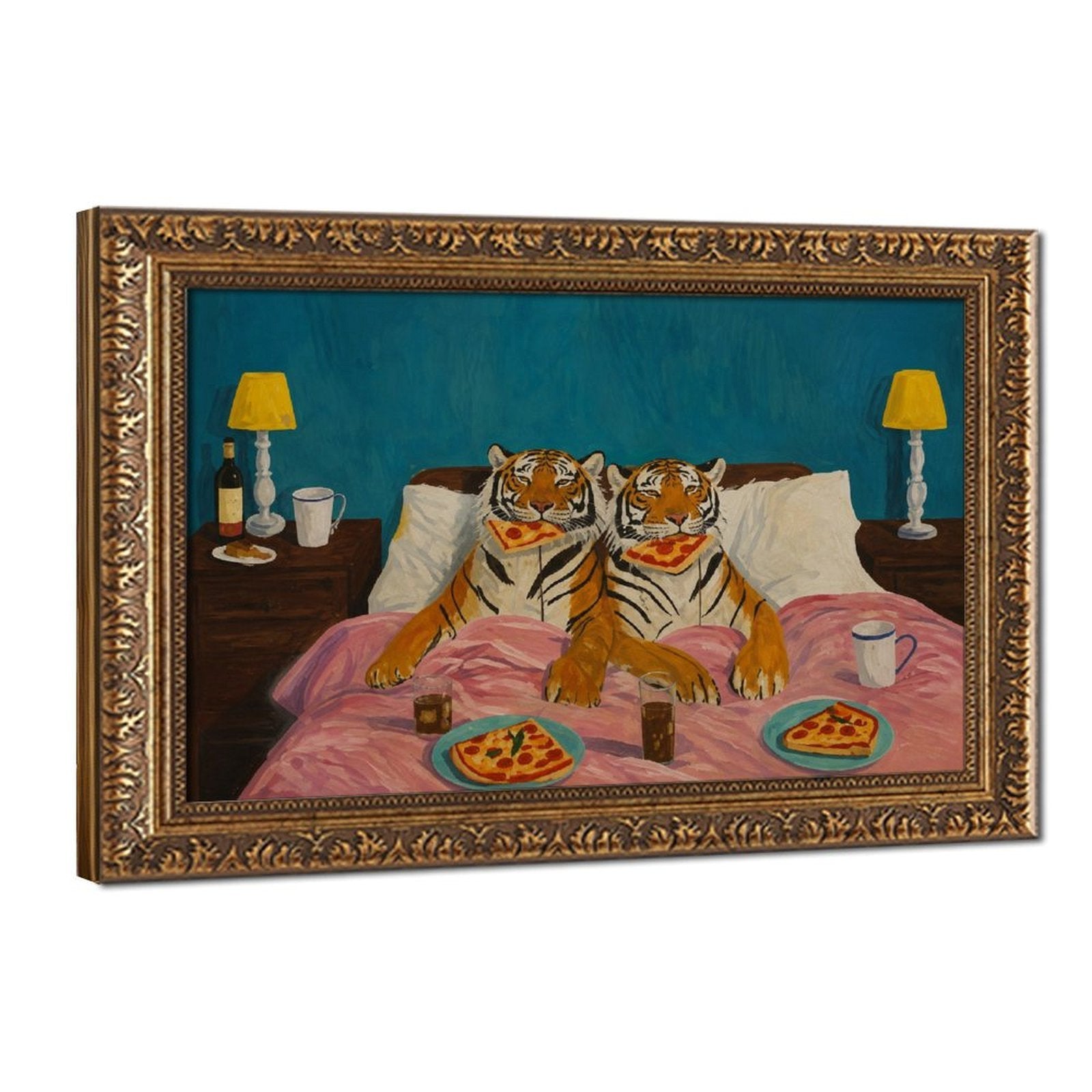 two tigers sitting in bed eating pizza in teal blue, orange, pink tones — Vintage Gold Frame HERO