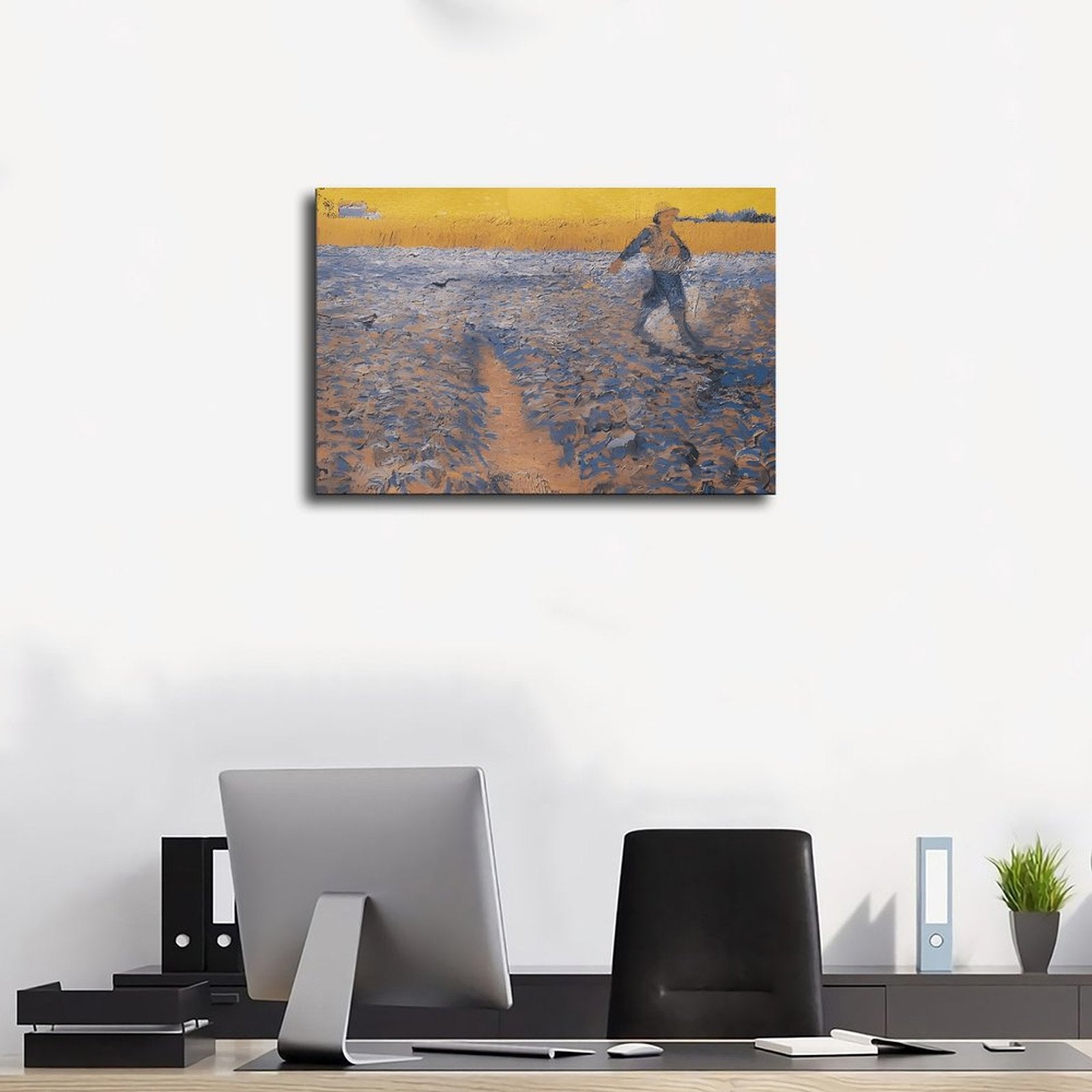 solitary person walking through a blue and gold field in expressive landscape painting style — Wrapped Canvas SCENE_01