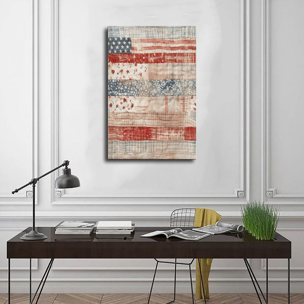 patchwork American flag in folk art style — Wrapped Canvas SCENE_01