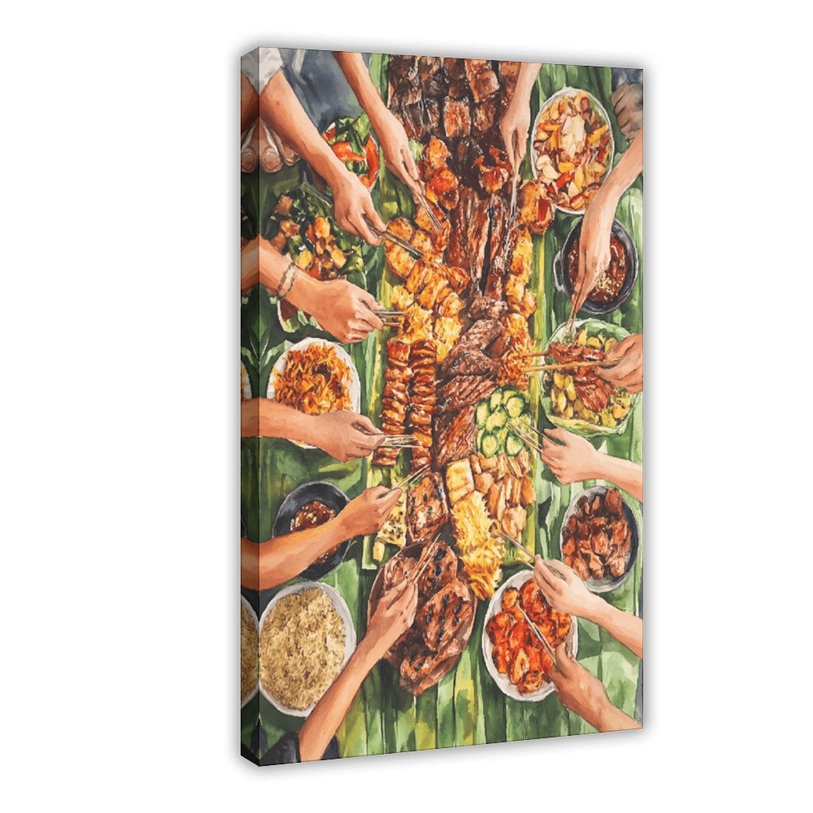 overhead table filled with a colorful shared meal in contemporary food illustration style — Wrapped Canvas HERO