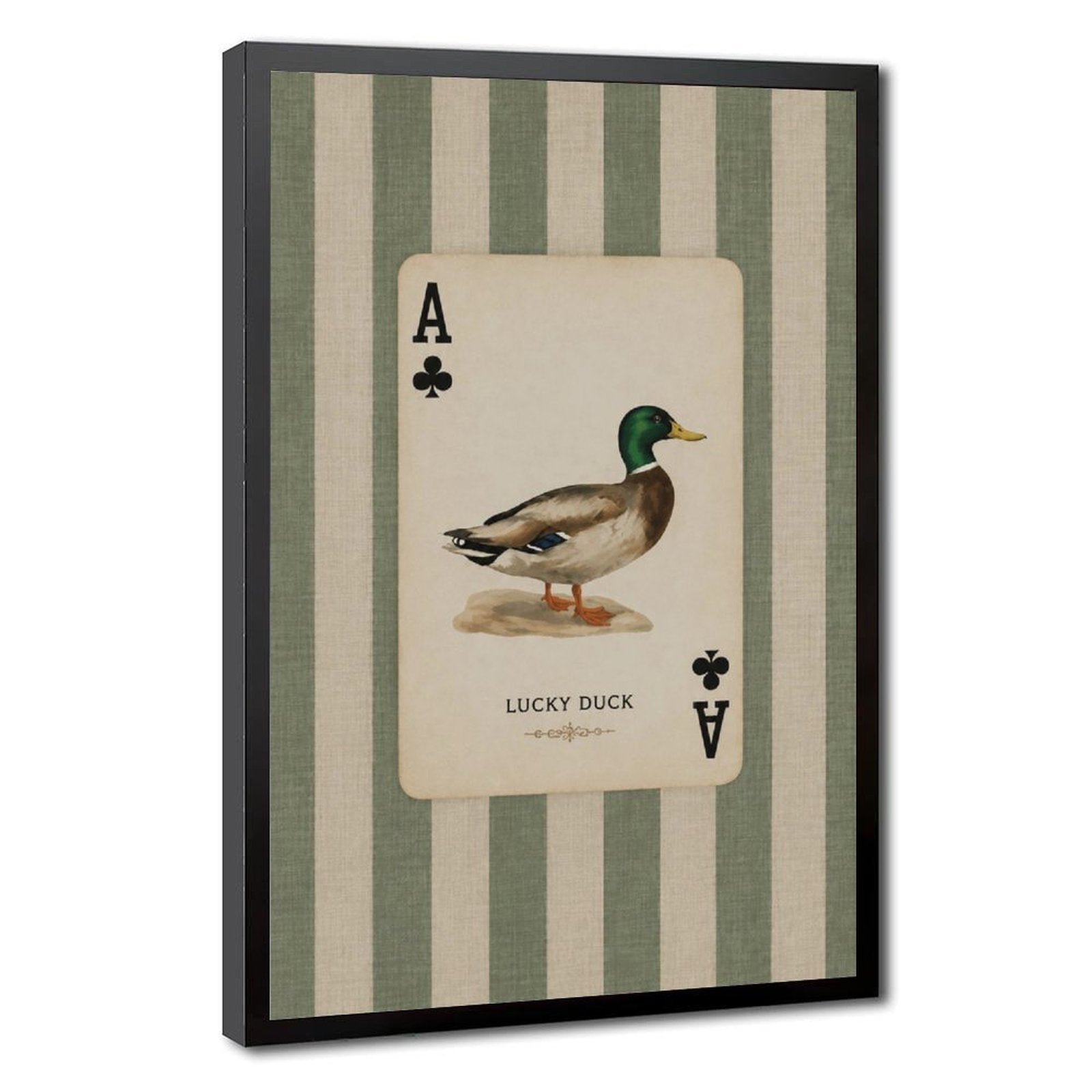 mallard duck illustrated as an ace playing card in sage green, cream, black tones — Black Frame HERO
