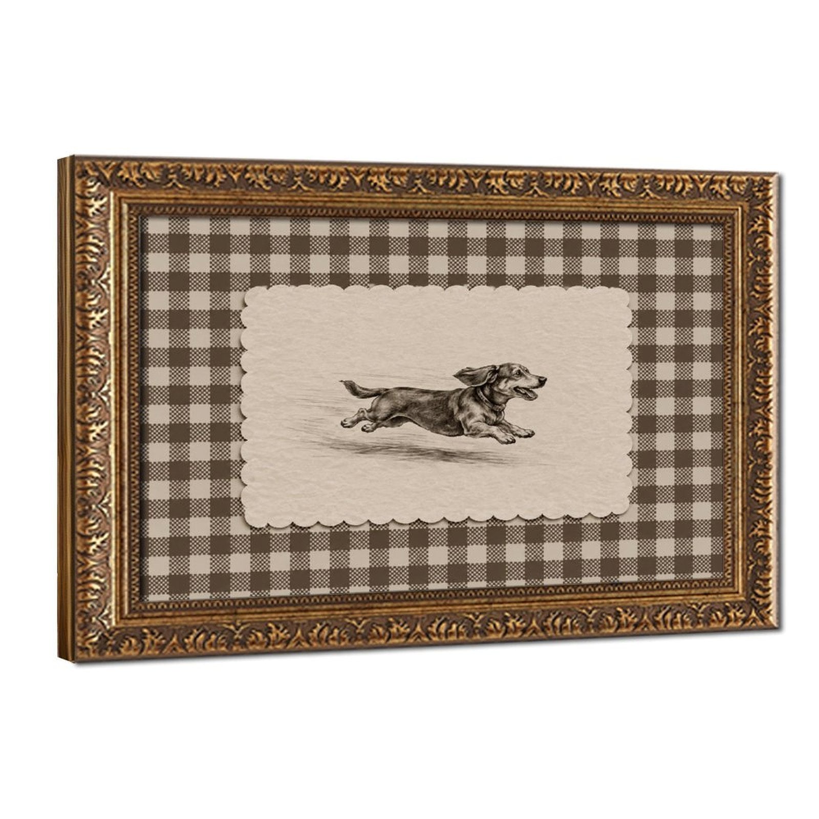 running dachshund in a vintage sketch panel in black, cream, taupe tones — Vintage Gold Frame HERO