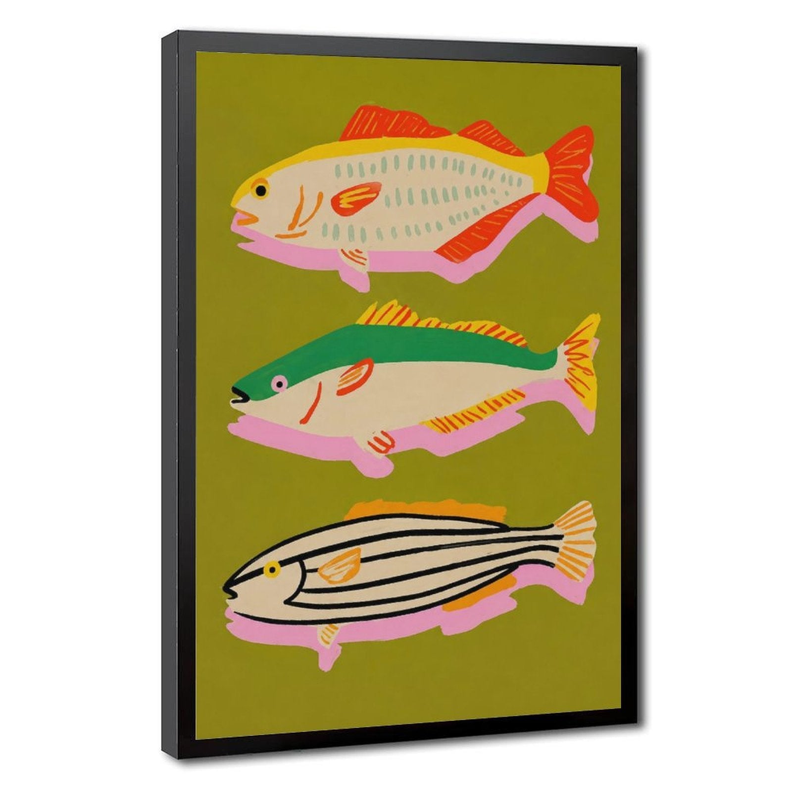 three colorful stylized fish arranged vertically in olive green, coral red, pink tones — Black Frame HERO
