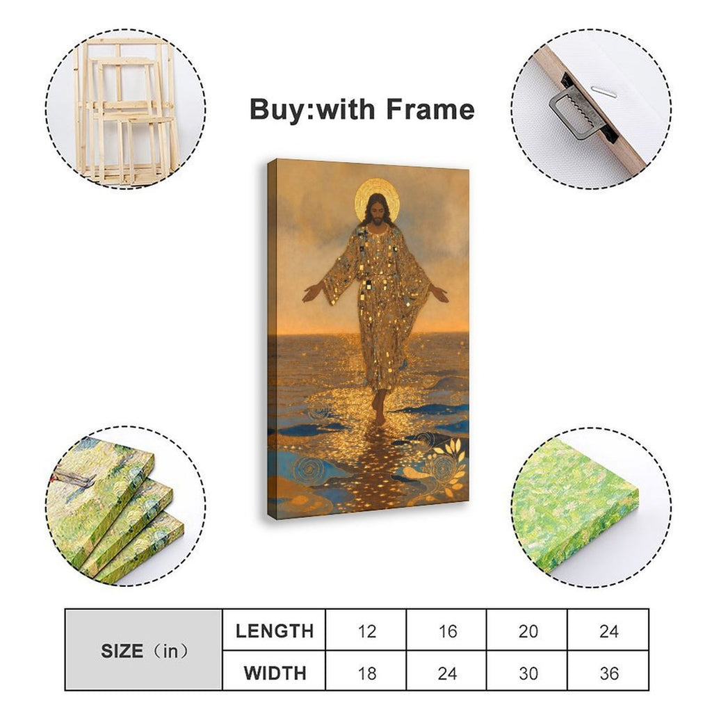 haloed sacred figure walking across reflective water in gold, deep blue, warm brown tones — Wrapped Canvas SIZE_GUIDE