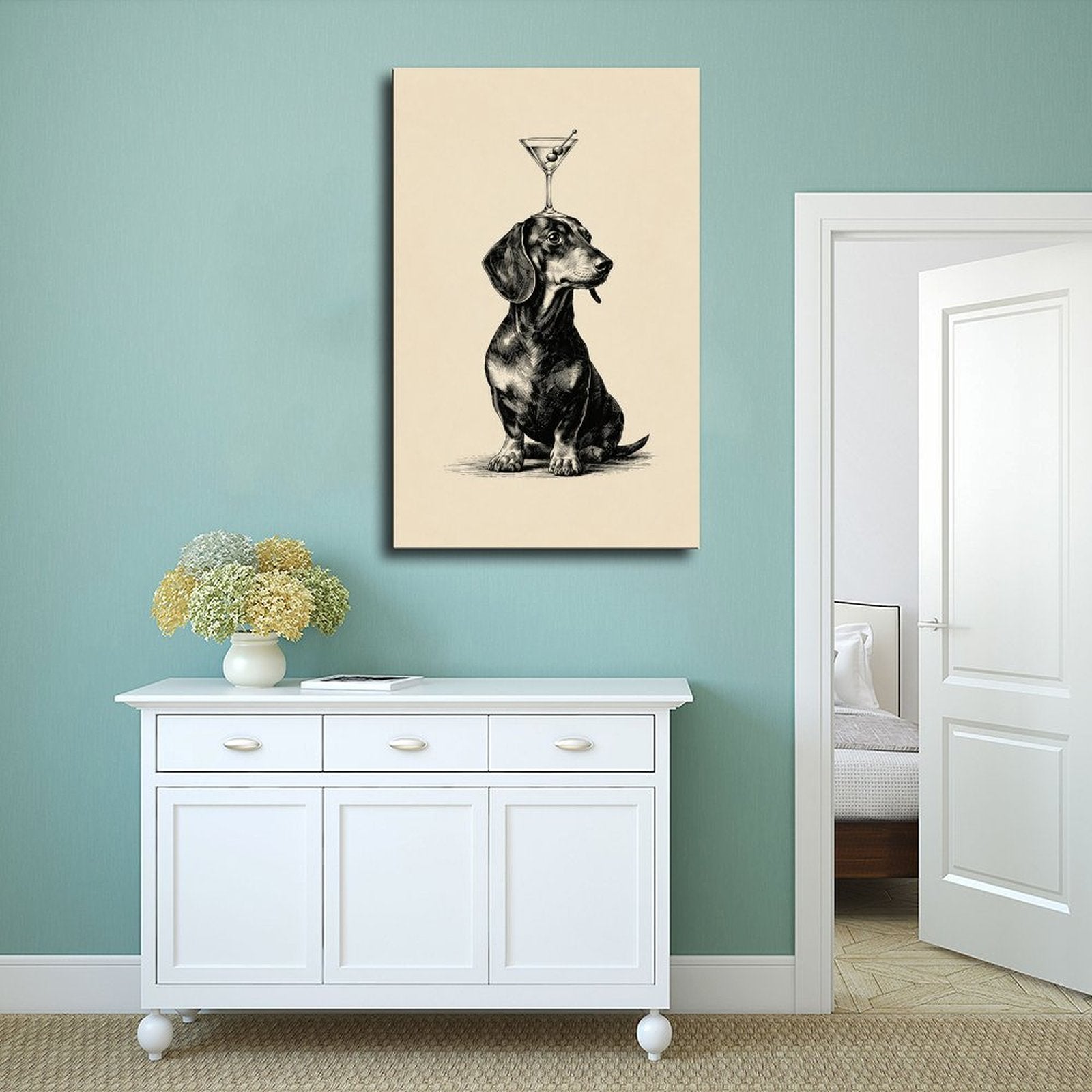 dachshund balancing a cocktail glass on its head in black, warm cream tones — Wrapped Canvas SCENE_02