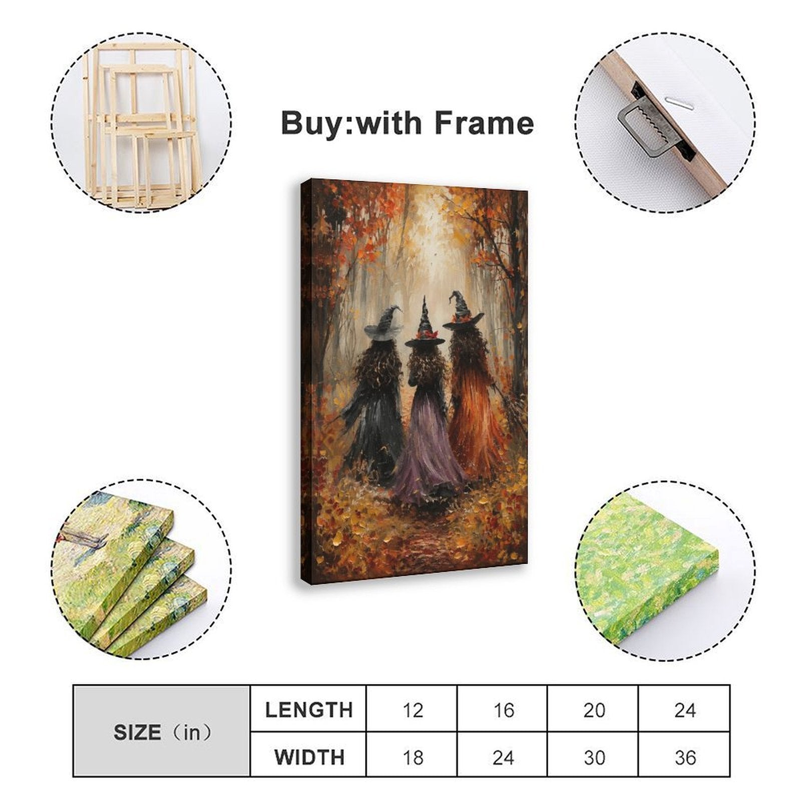 three witches walking through an autumn forest in orange, black, purple tones — Wrapped Canvas SIZE_GUIDE