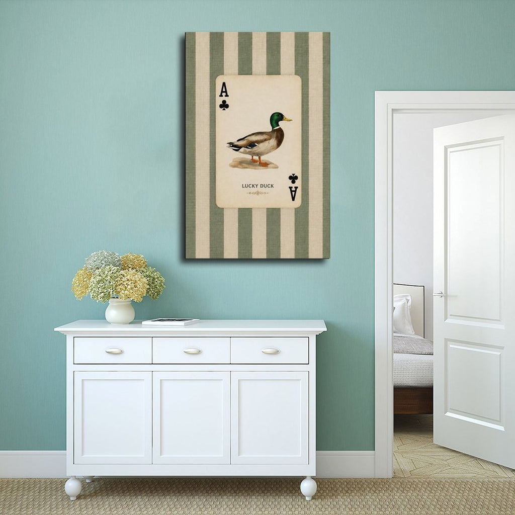 mallard duck illustrated as an ace playing card in sage green, cream, black tones — Wrapped Canvas SCENE_02