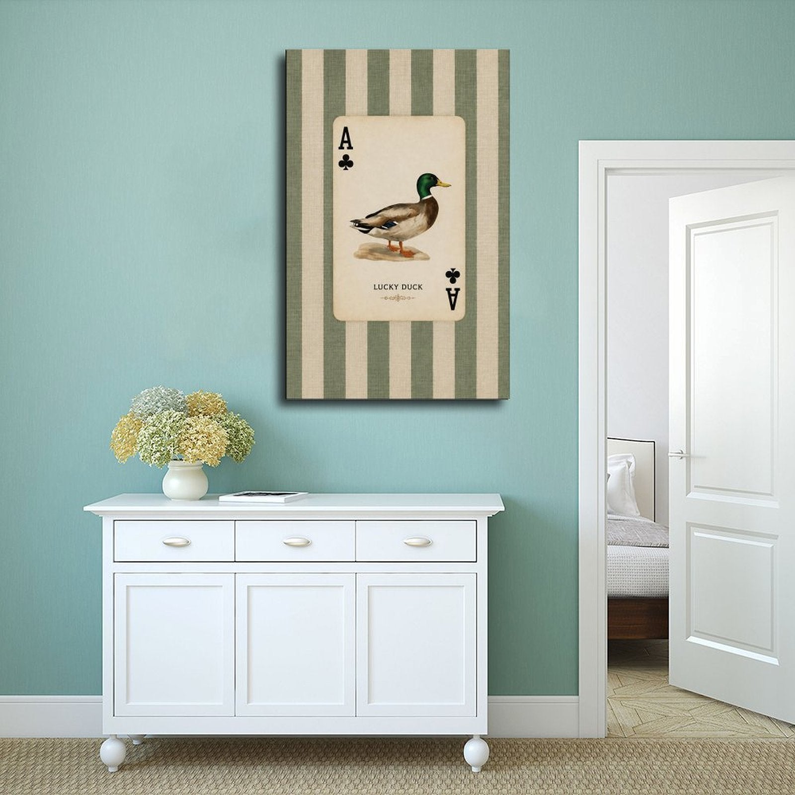 mallard duck illustrated as an ace playing card in sage green, cream, black tones — Wrapped Canvas SCENE_02