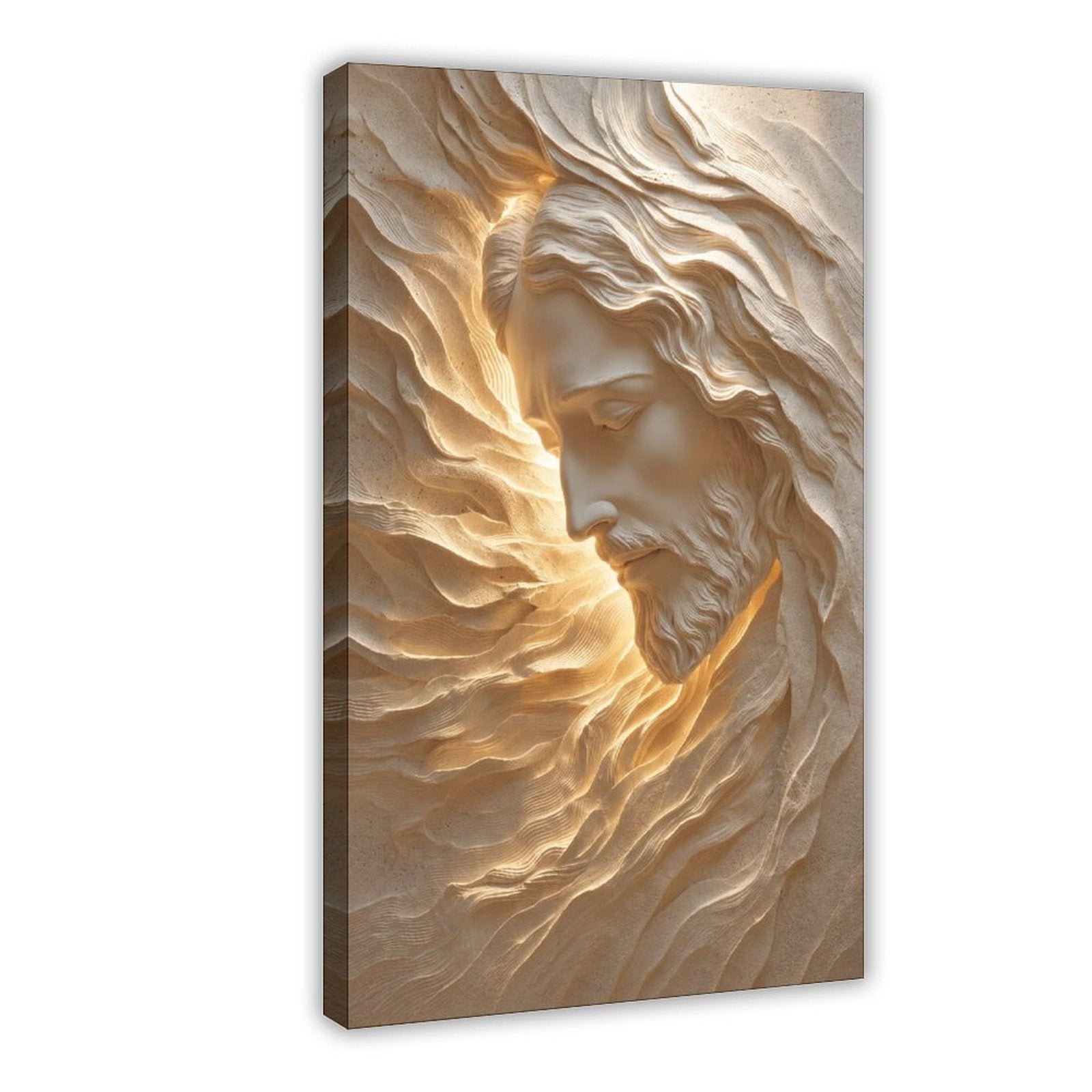 serene bearded sacred figure emerging from flowing stone-like forms in cream, sand, warm gold tones — Wrapped Canvas HERO