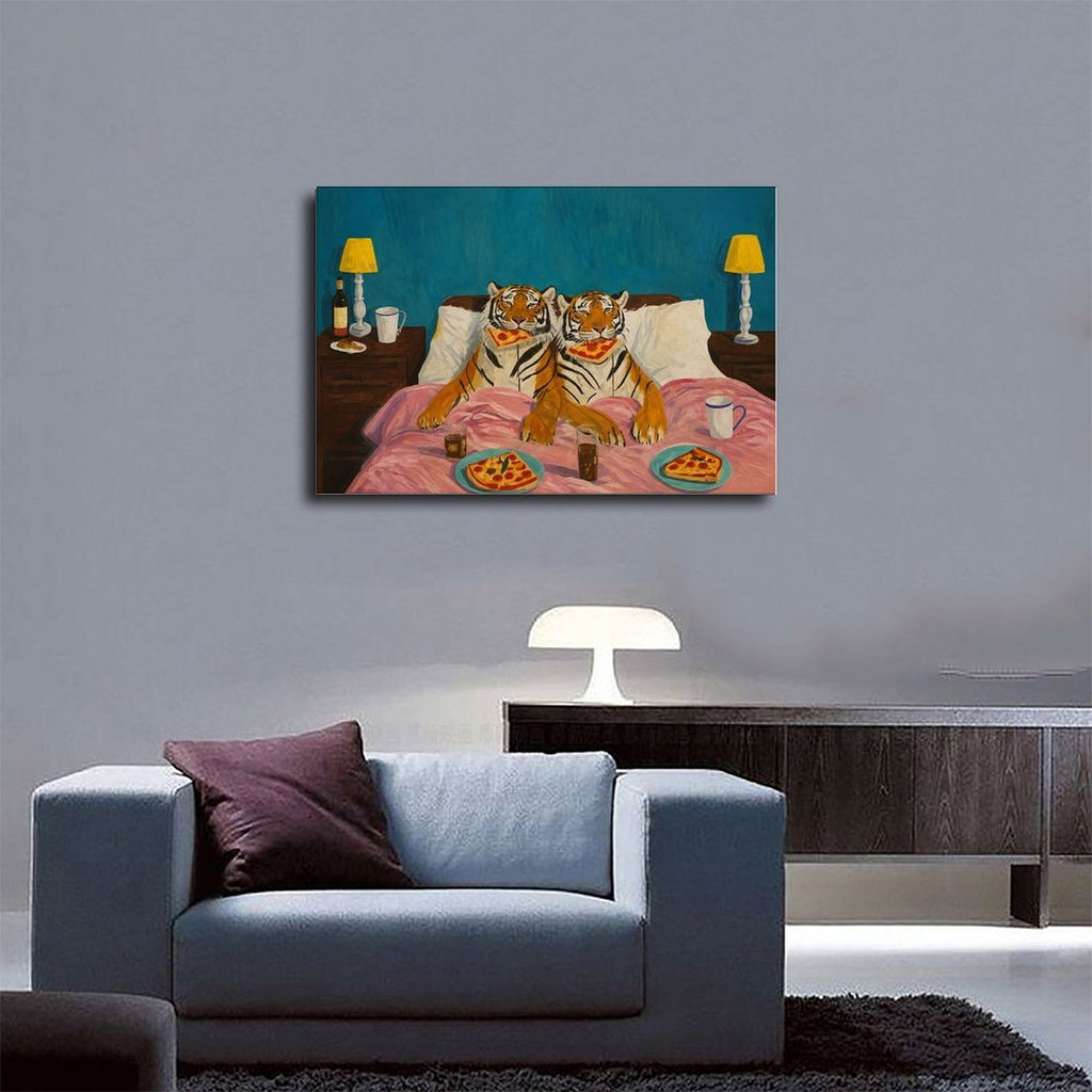 two tigers sitting in bed eating pizza in teal blue, orange, pink tones — Wrapped Canvas SCENE_03