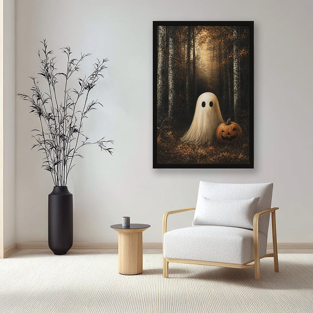 sheet ghost beside a carved pumpkin in an autumn forest in black, amber, cream tones — Black Frame SCENE_04