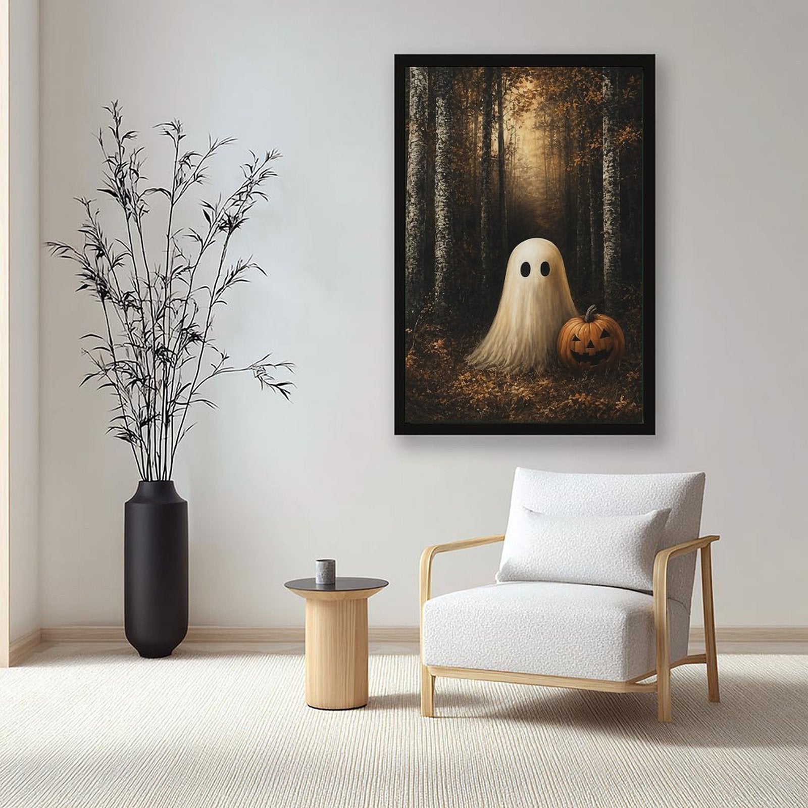 sheet ghost beside a carved pumpkin in an autumn forest in black, amber, cream tones — Black Frame SCENE_04