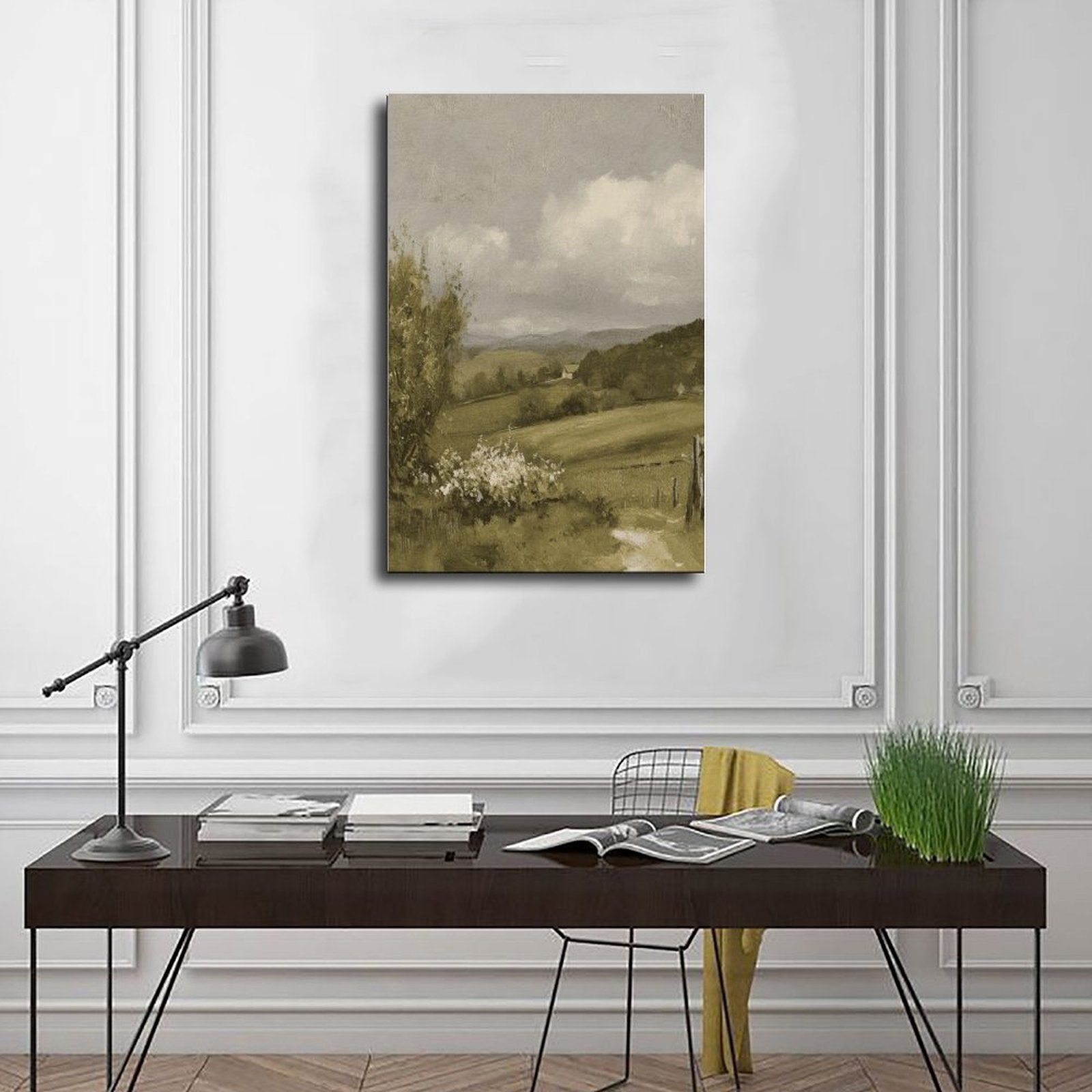 misty countryside valley with a small house and winding path in landscape painting style — Wrapped Canvas SCENE_01