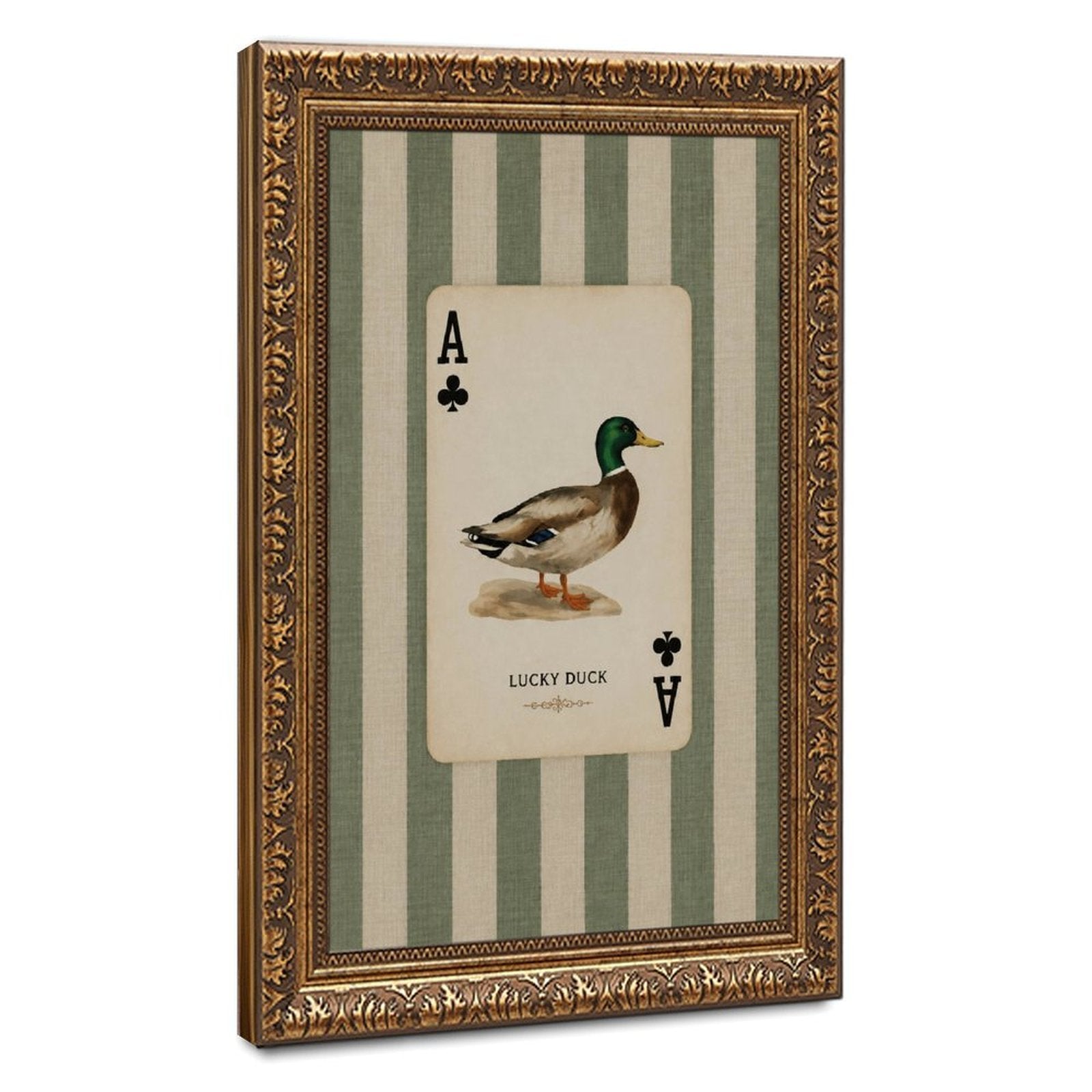 mallard duck illustrated as an ace playing card in sage green, cream, black tones — Vintage Gold Frame HERO