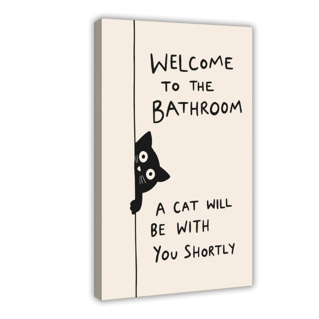 black cat peeking beside bathroom typography in black, cream tones — Wrapped Canvas HERO