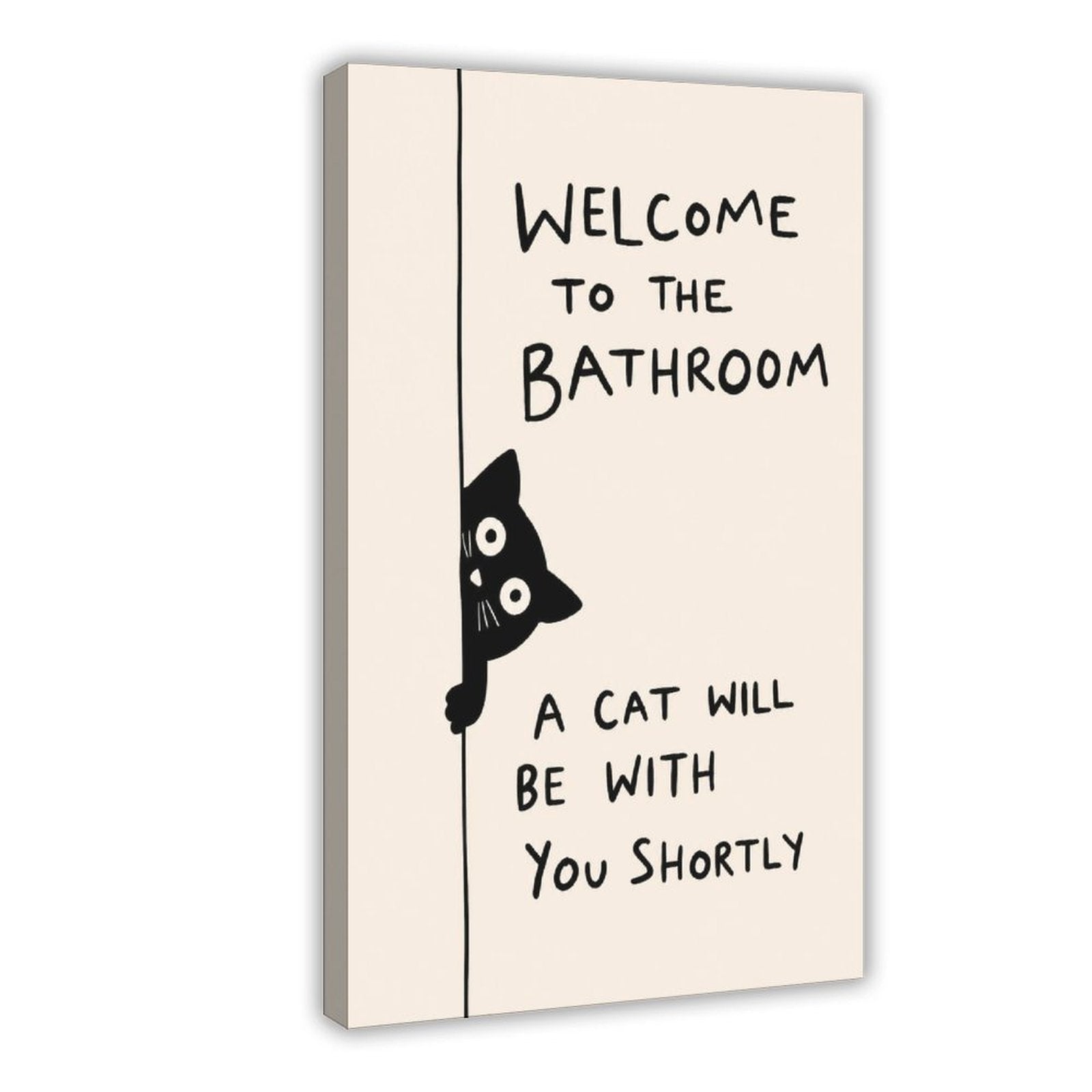 black cat peeking beside bathroom typography in black, cream tones — Wrapped Canvas HERO