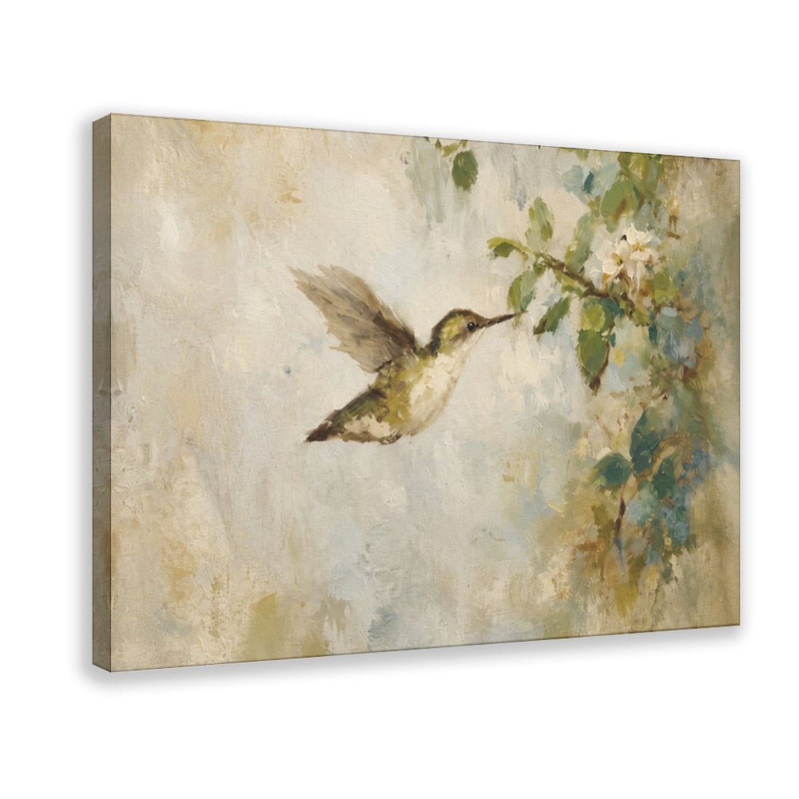 hummingbird hovering beside pale blossoms in cream, sage green, soft blue tones — Wrapped Canvas HERO