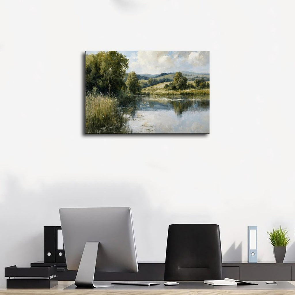 quiet river winding through a green countryside in sage green, blue gray, cream tones — Wrapped Canvas SCENE_01