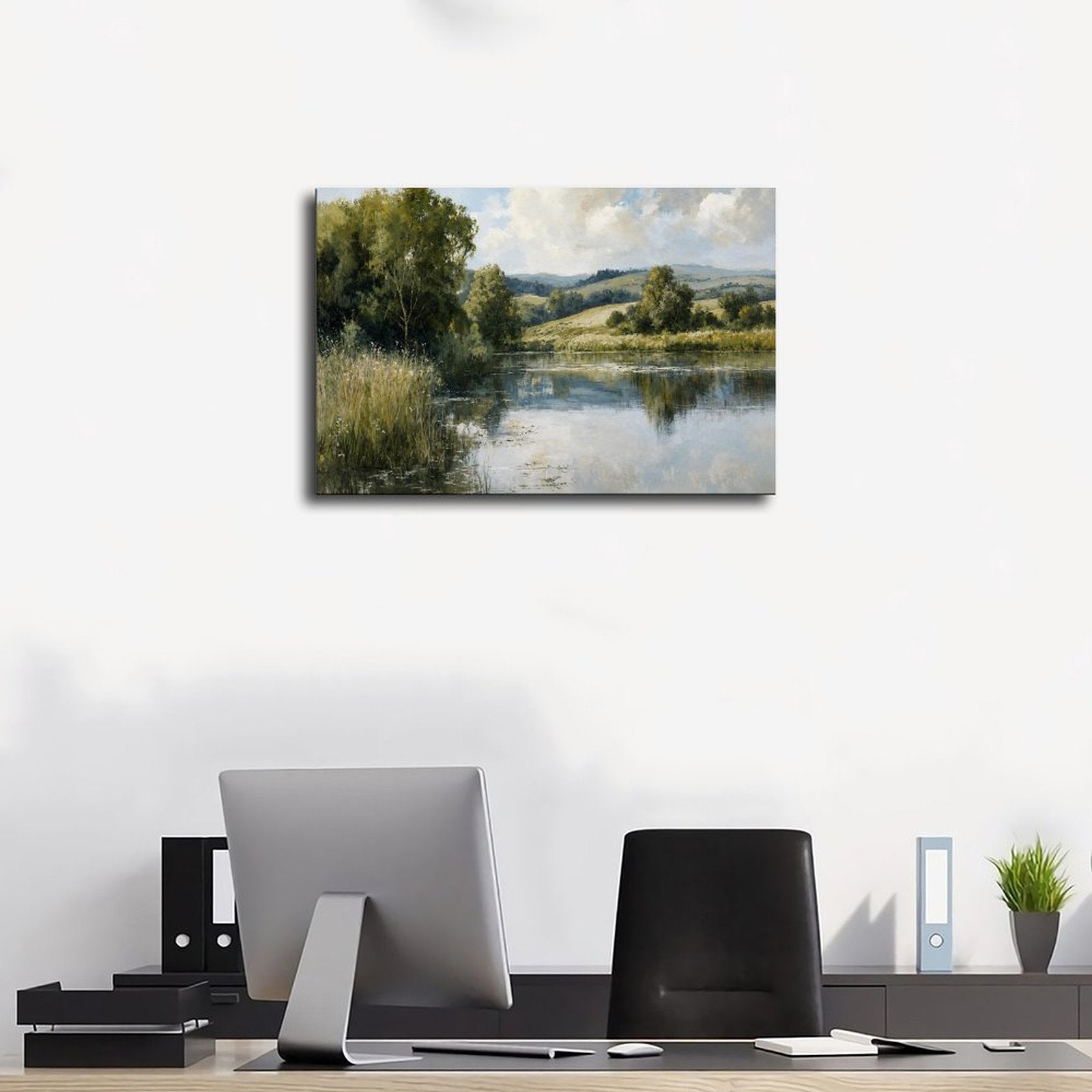 quiet river winding through a green countryside in sage green, blue gray, cream tones — Wrapped Canvas SCENE_01