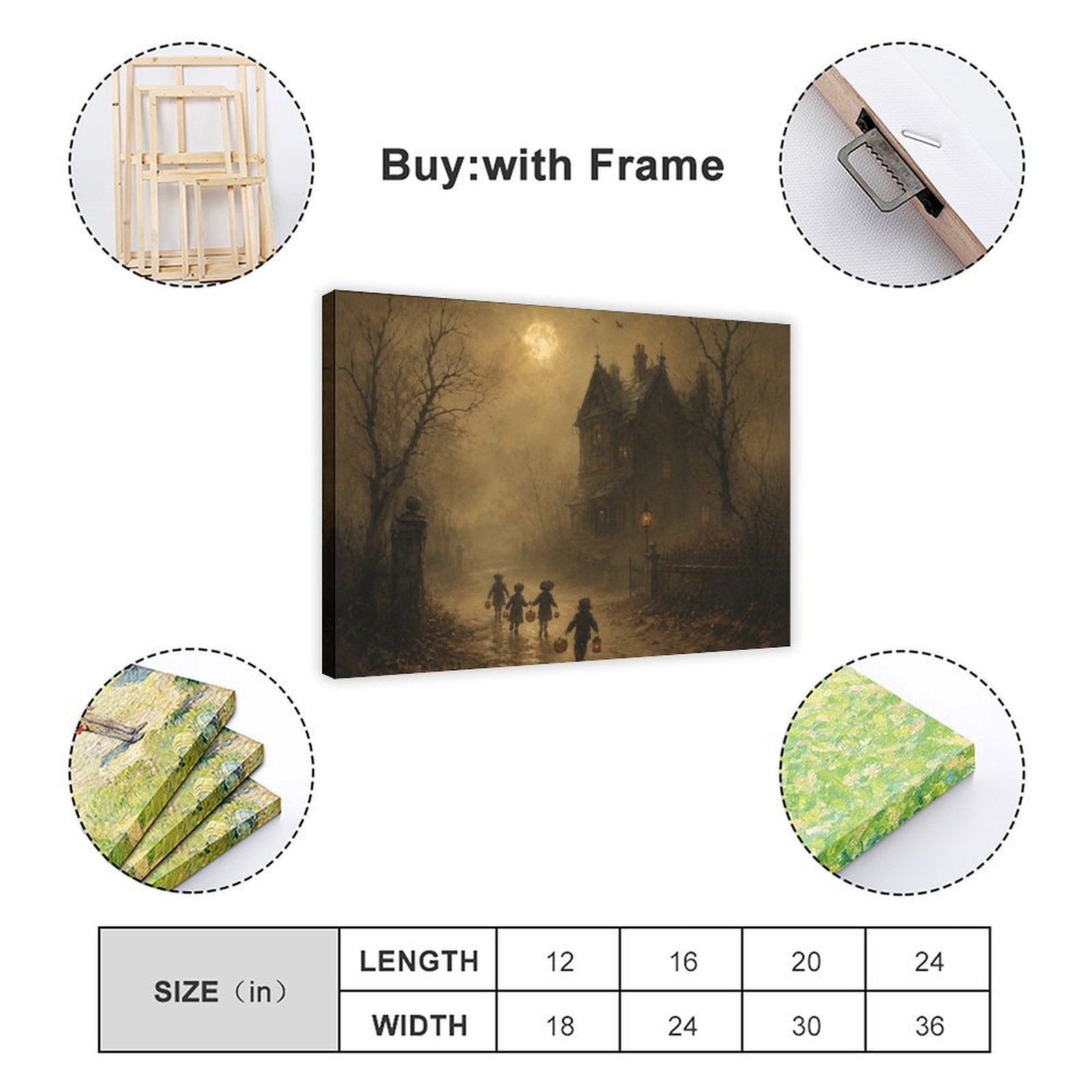children in Halloween costumes walking toward a haunted house in sepia, black, amber tones — Wrapped Canvas SIZE_GUIDE