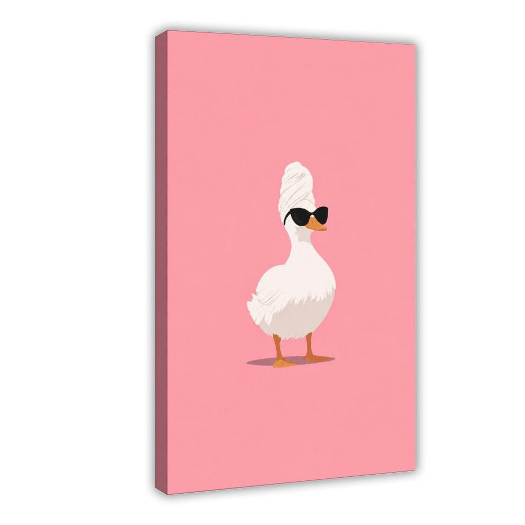 white duck wearing a towel turban and black sunglasses in pink, white, black tones — Wrapped Canvas HERO