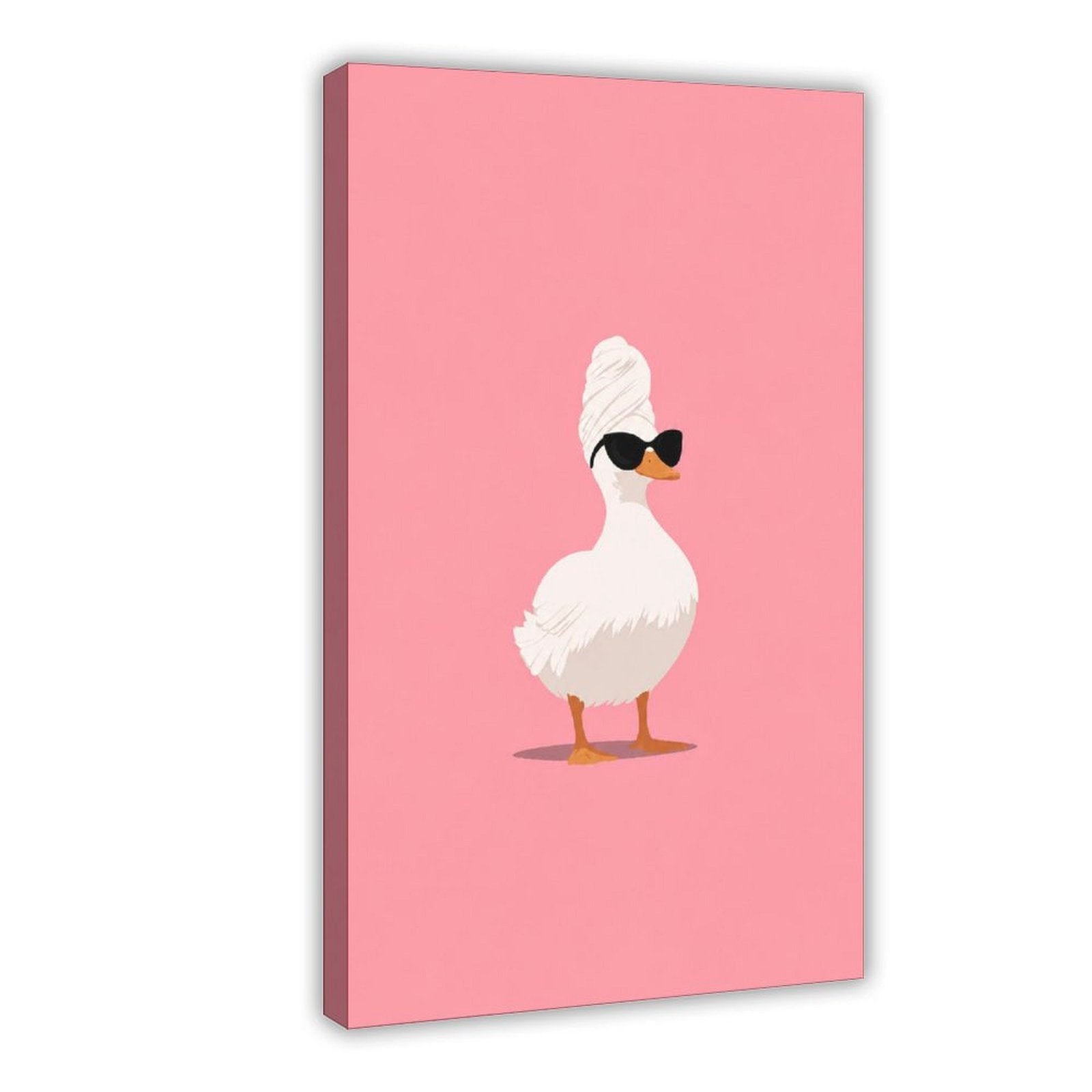 white duck wearing a towel turban and black sunglasses in pink, white, black tones — Wrapped Canvas HERO