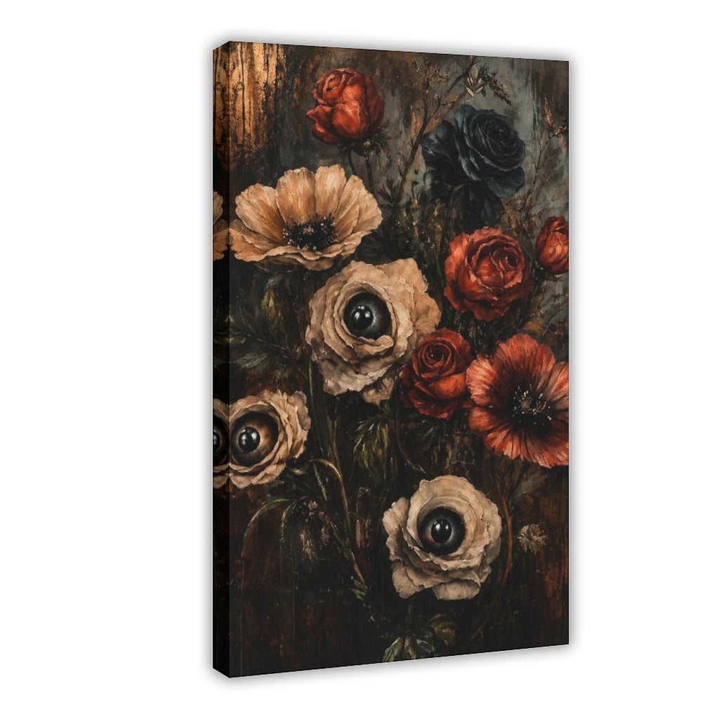 dark floral bouquet with realistic eyes in flower centers in black, deep red, taupe tones — Wrapped Canvas HERO