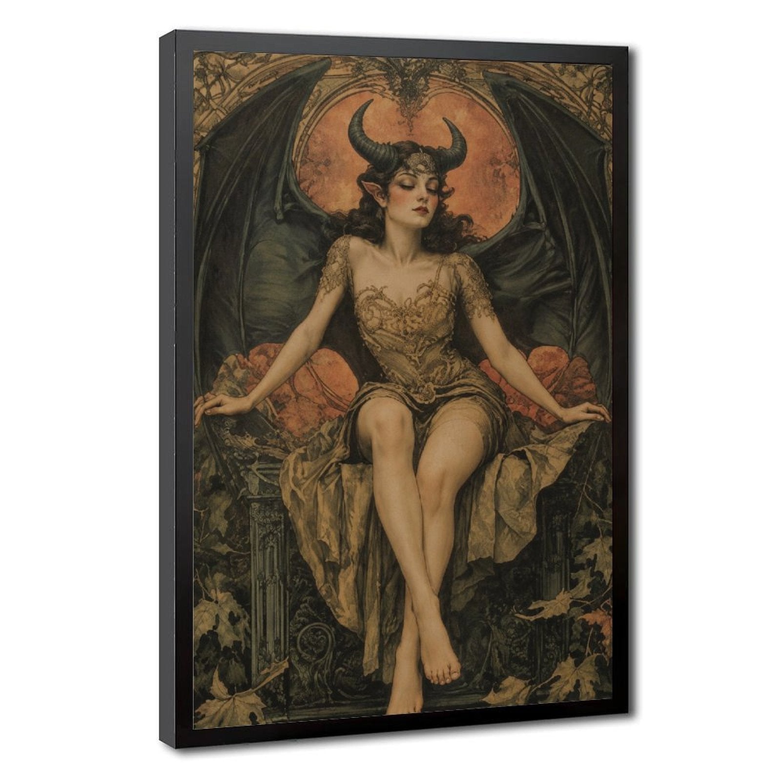 horned winged woman seated before a glowing moon in brown, black, burnt orange tones — Black Frame HERO
