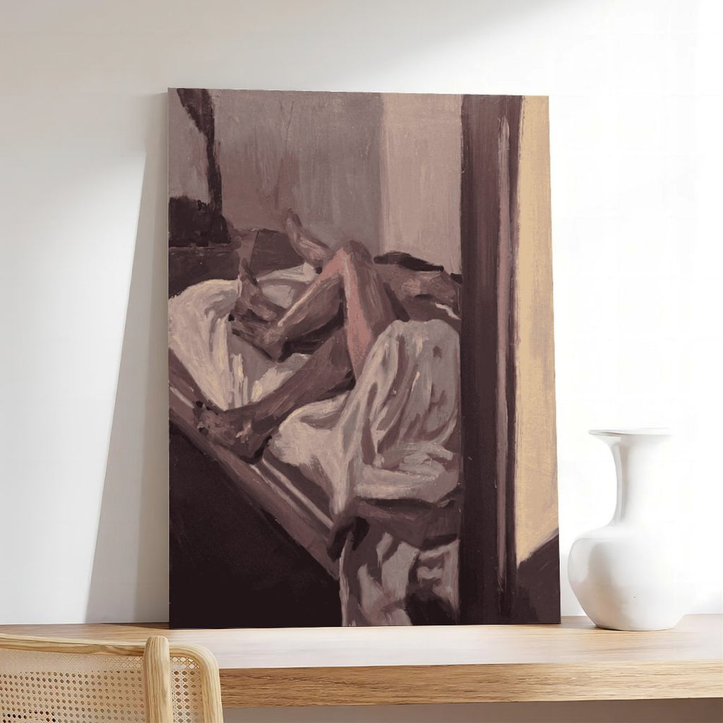 abstract seated figure in muted brown tones in abstract figurative art style — Wrapped Canvas SCENE_05
