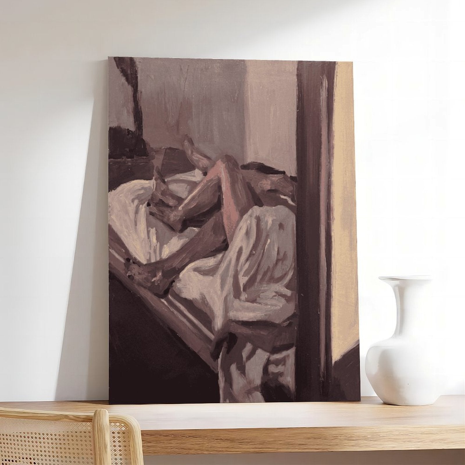 abstract seated figure in muted brown tones in abstract figurative art style — Wrapped Canvas SCENE_05