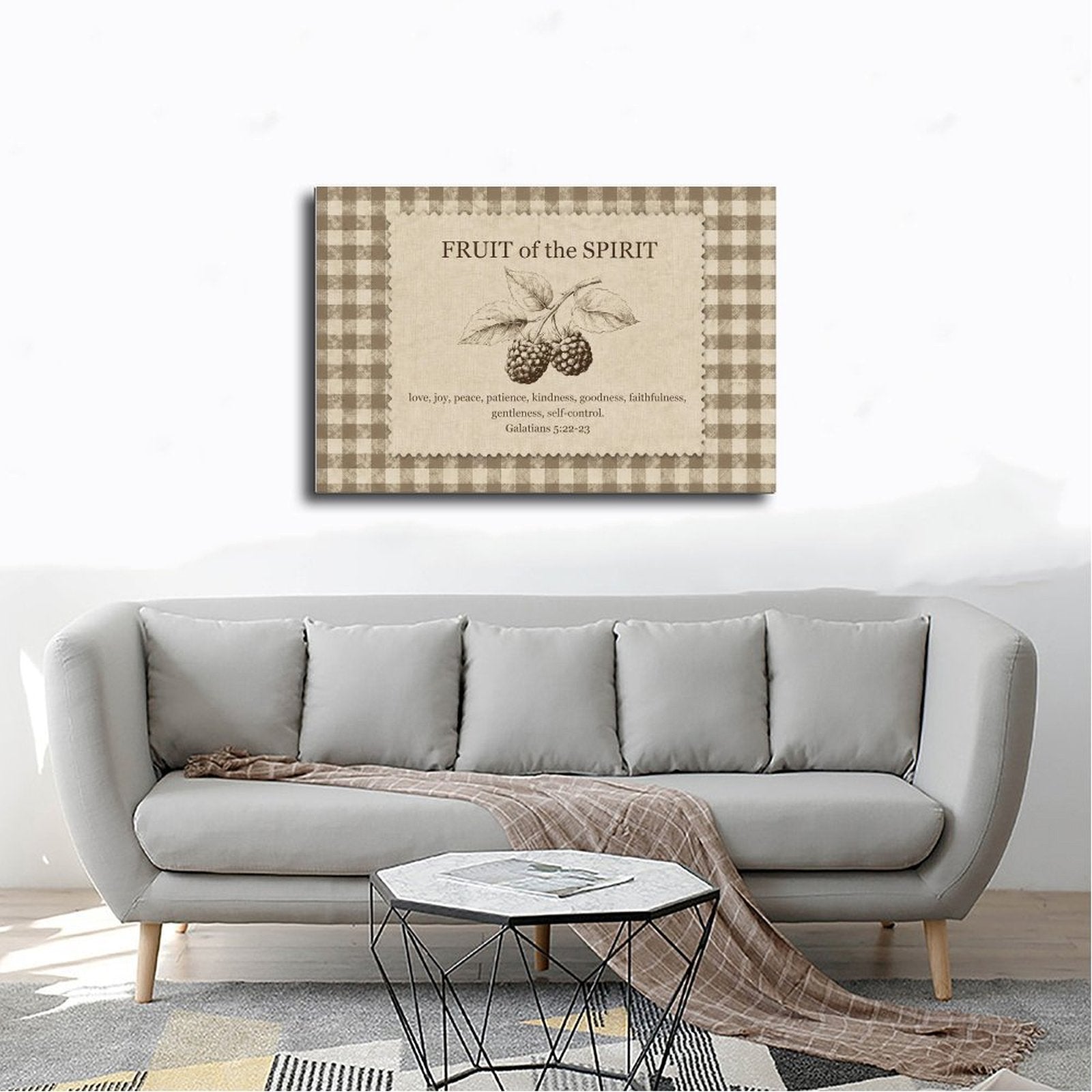 Fruit of the Spirit scripture typography with berry illustration in taupe, cream, brown tones — Wrapped Canvas SCENE_02