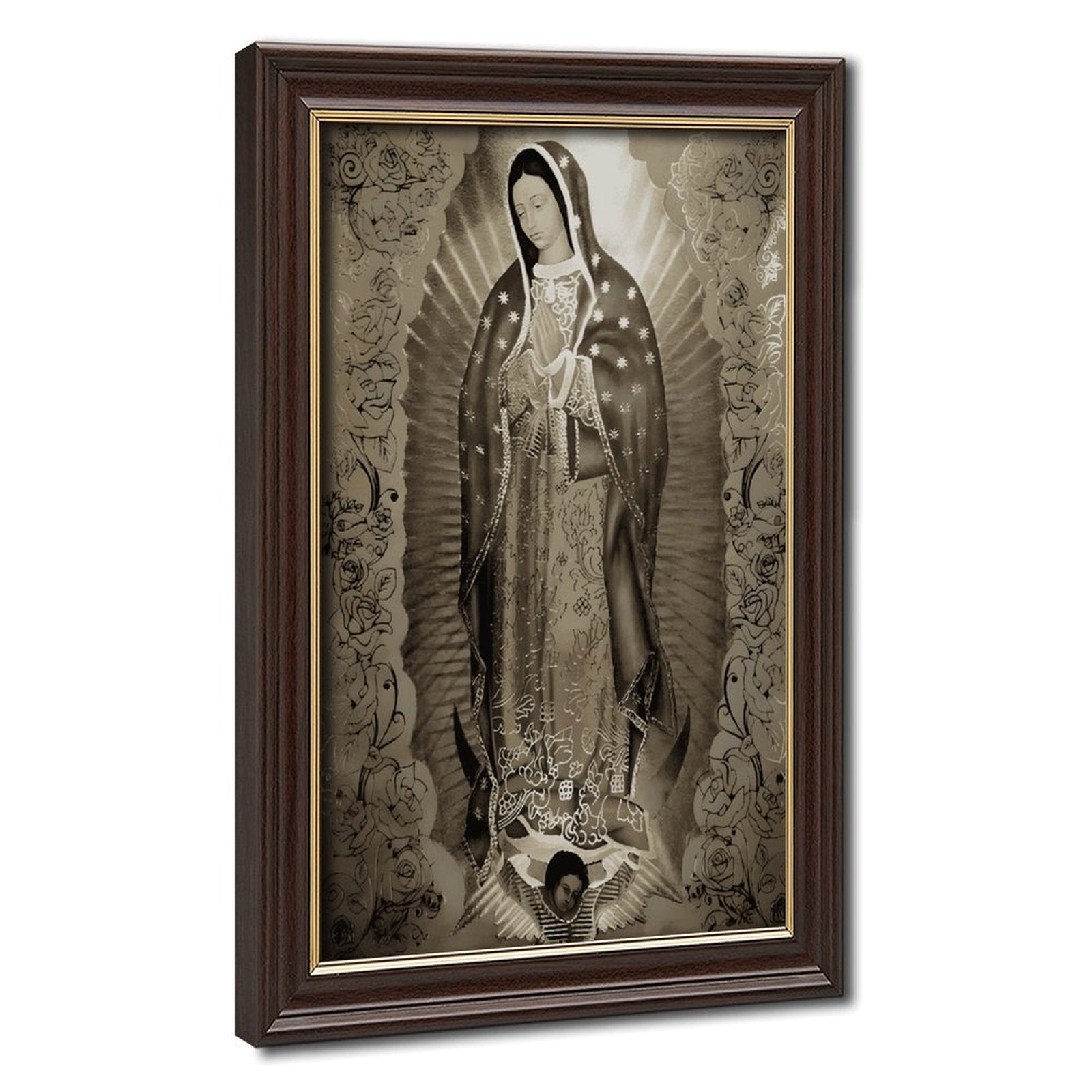 Our Lady of Guadalupe devotional figure in devotional art style — Wood Grain Gold Frame HERO