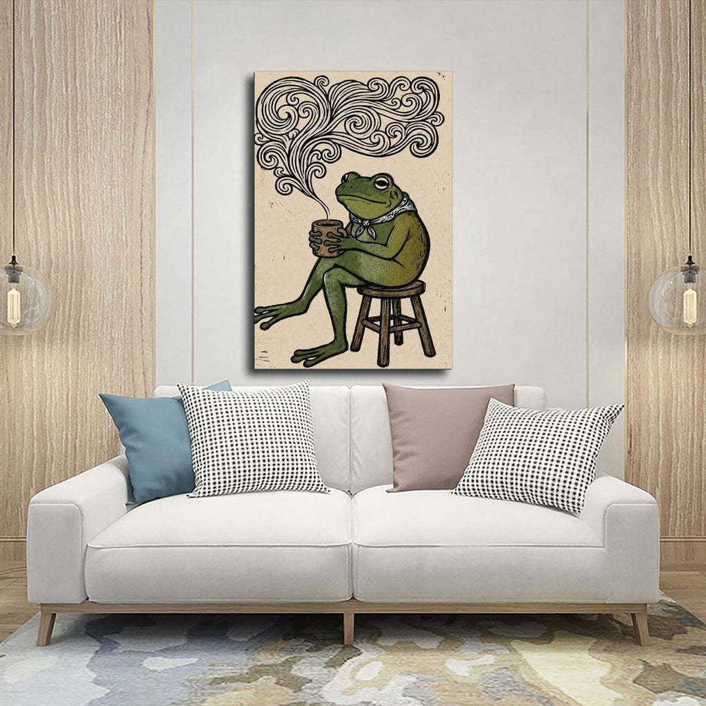 frog seated on a stool holding a steaming cup in forest green, black, cream tones — Wrapped Canvas SCENE_03