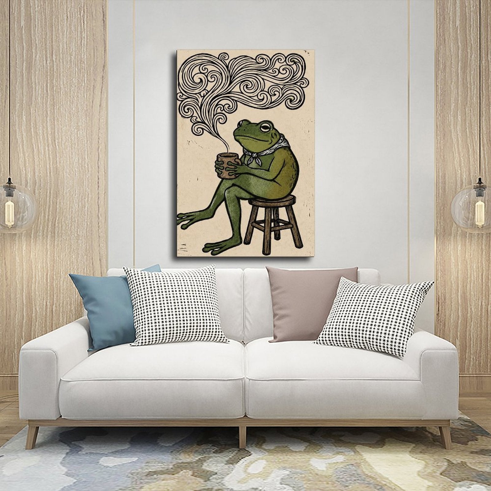 frog seated on a stool holding a steaming cup in forest green, black, cream tones — Wrapped Canvas SCENE_03