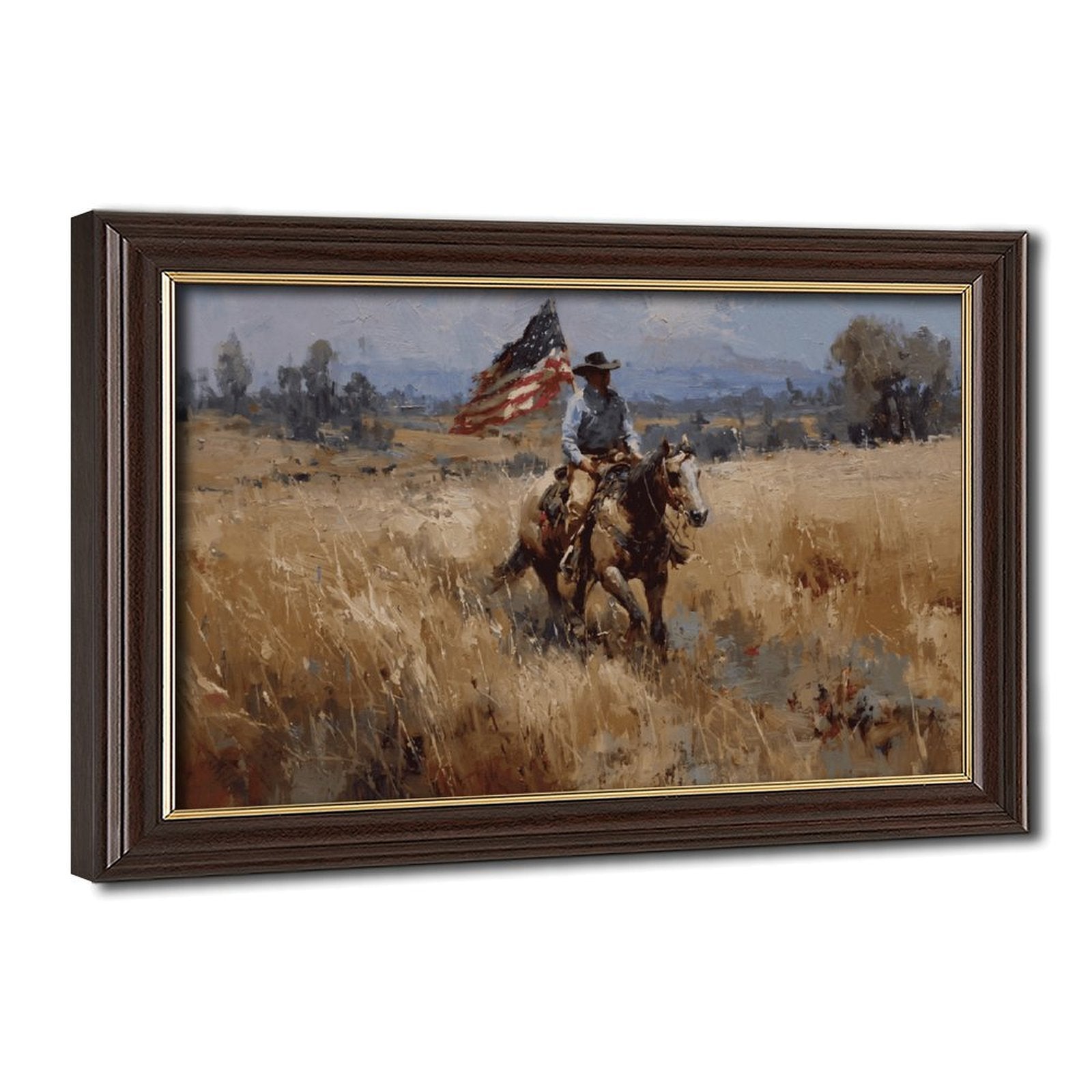cowboy rider on horseback carrying an American flag in western landscape art style — Wood Grain Gold Frame HERO