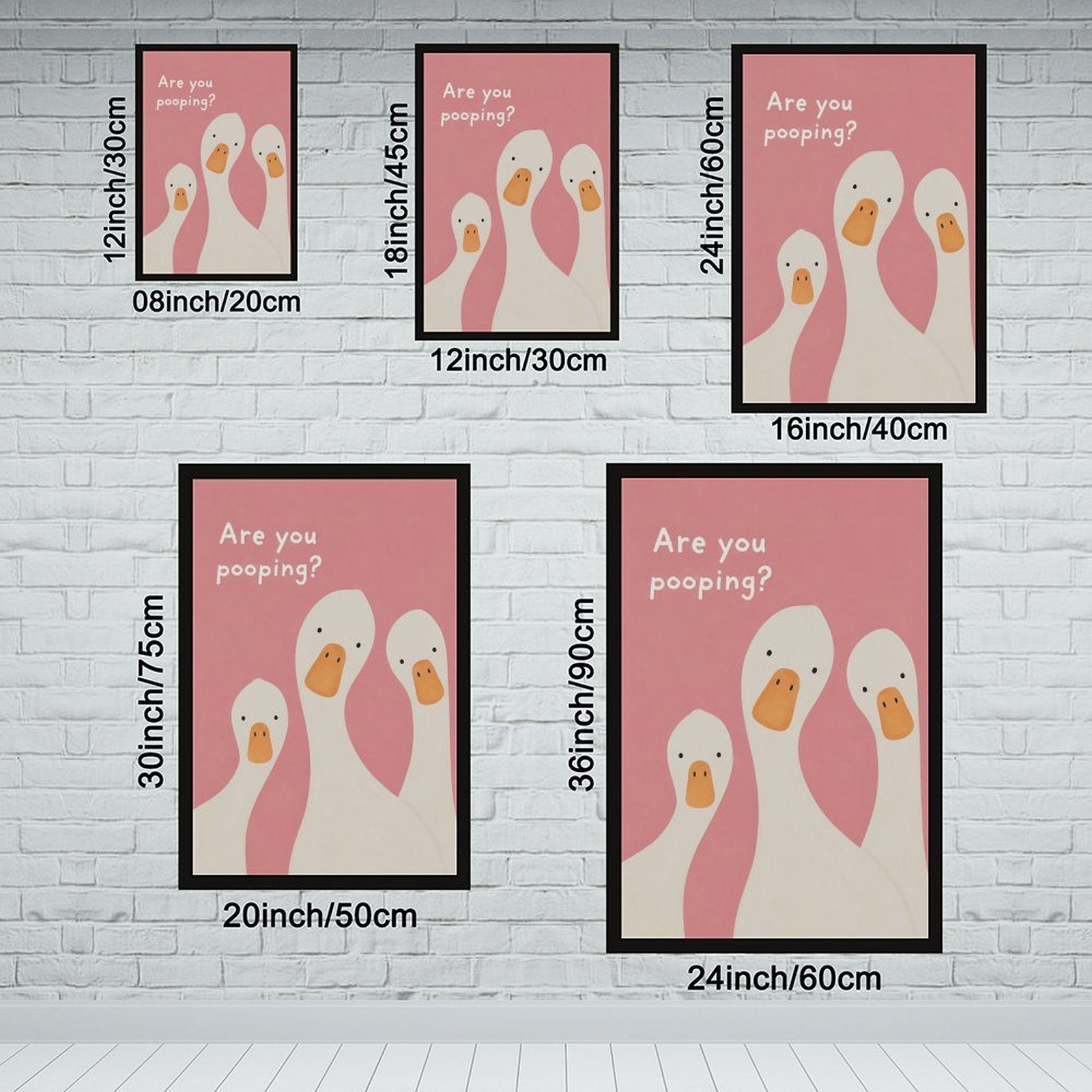 three white ducks beneath bathroom humor typography in pink, white, orange tones — Black Frame SIZE_GUIDE