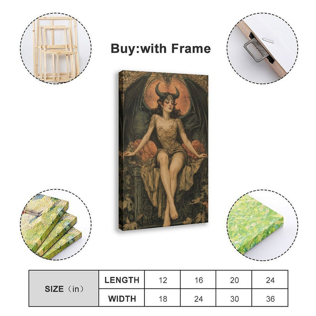 horned winged woman seated before a glowing moon in brown, black, burnt orange tones — Wrapped Canvas SIZE_GUIDE